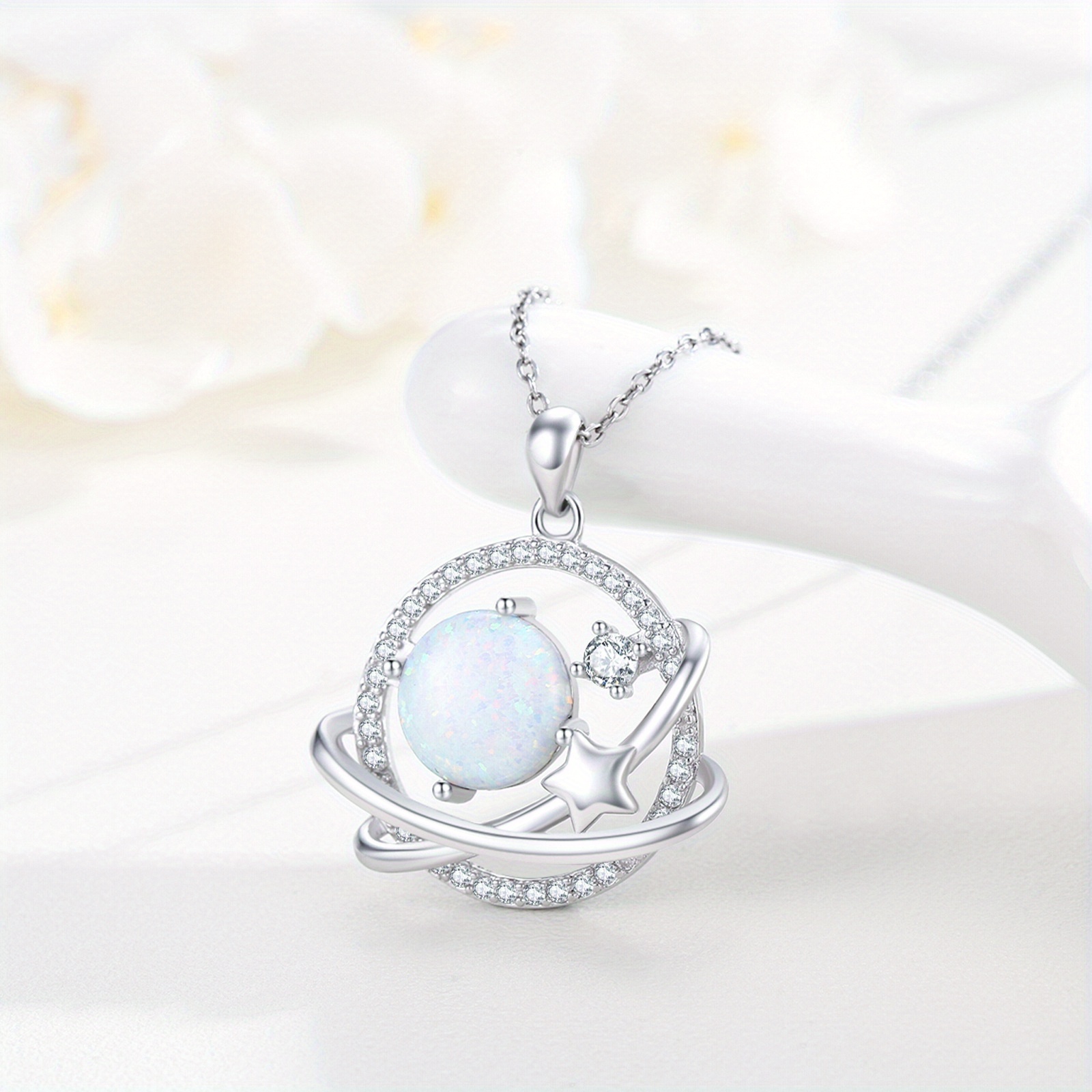 Saturn Necklace 925 Sterling Silver Opal Universe Pendant