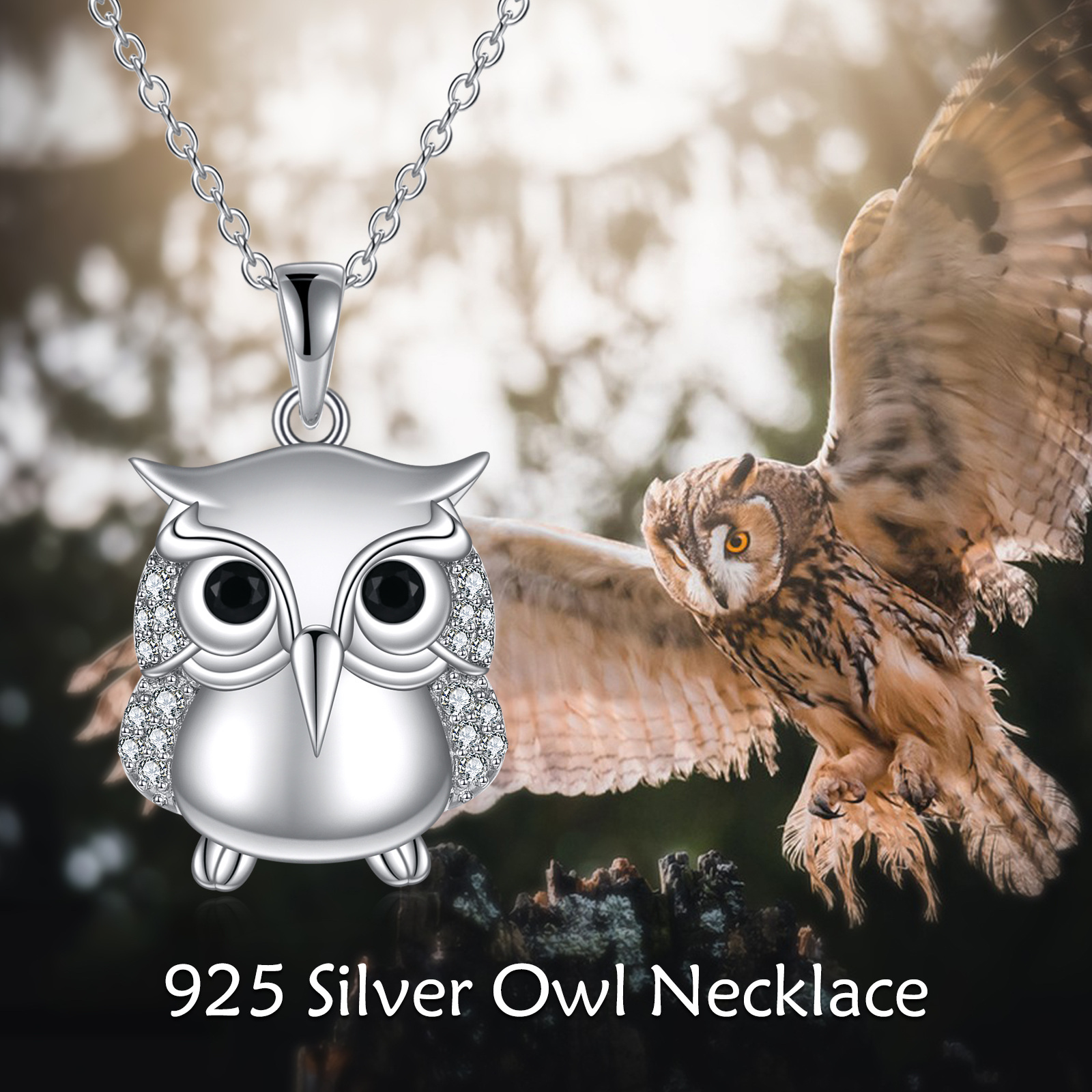 Adjustable Chain Owl Necklace, 925 Sterling Silver Pendant