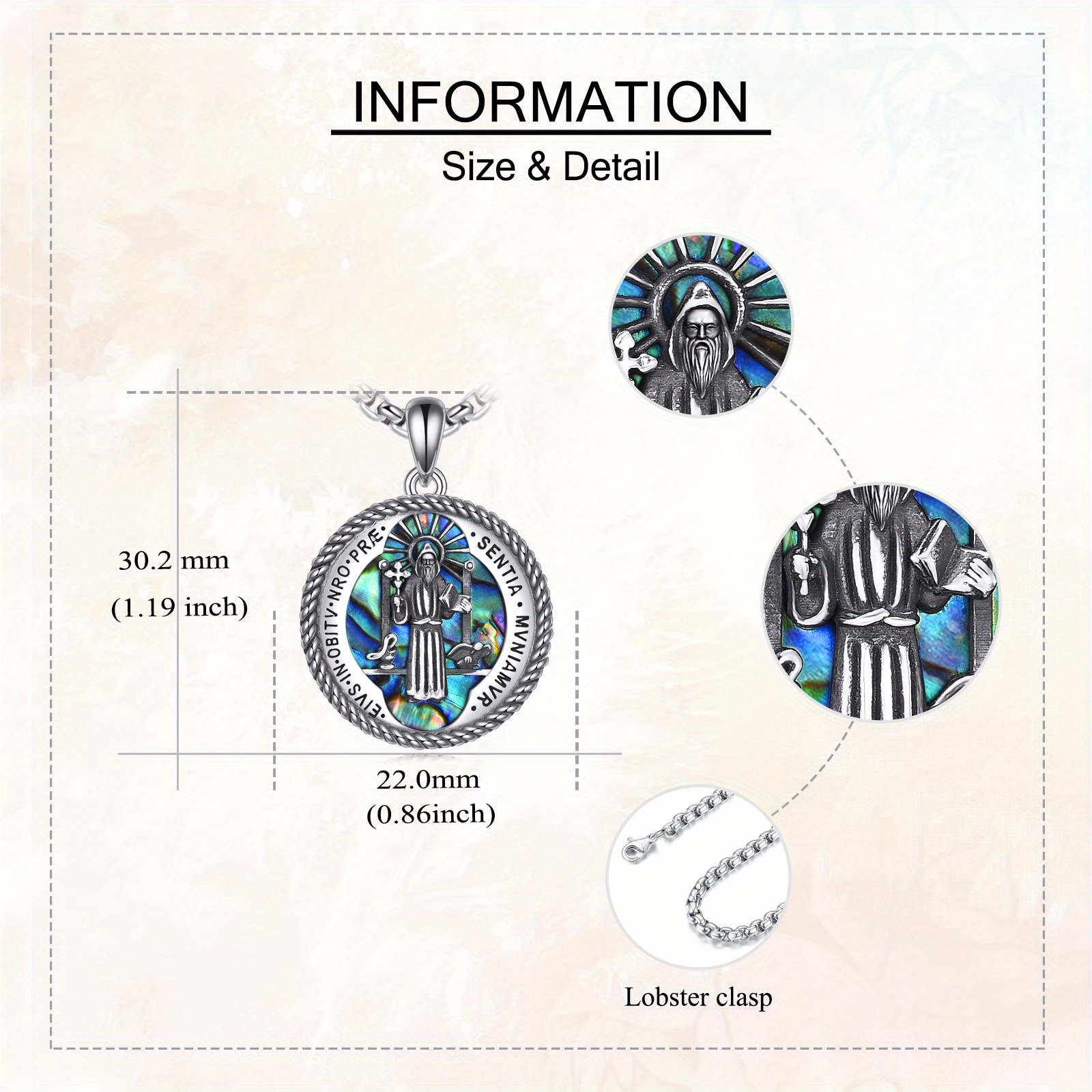 Women's 925 Sterling Silver Saint Benedict Medal Necklace with Abalone Shell