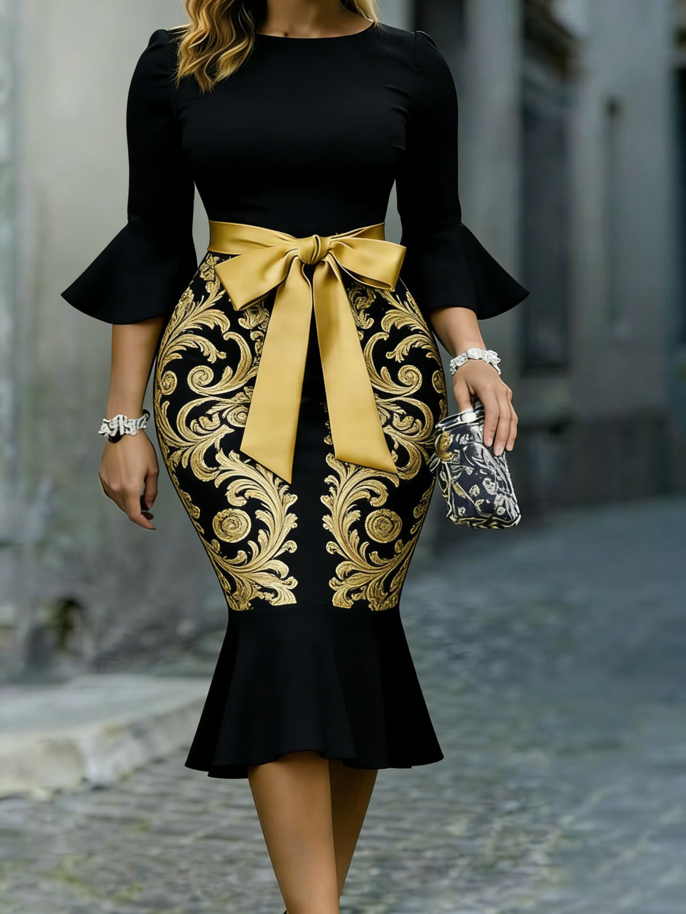 slim fit dress slacks Embroidered satin maxi dress with voluminous drapery black/gold R005X130 –  RASARIO