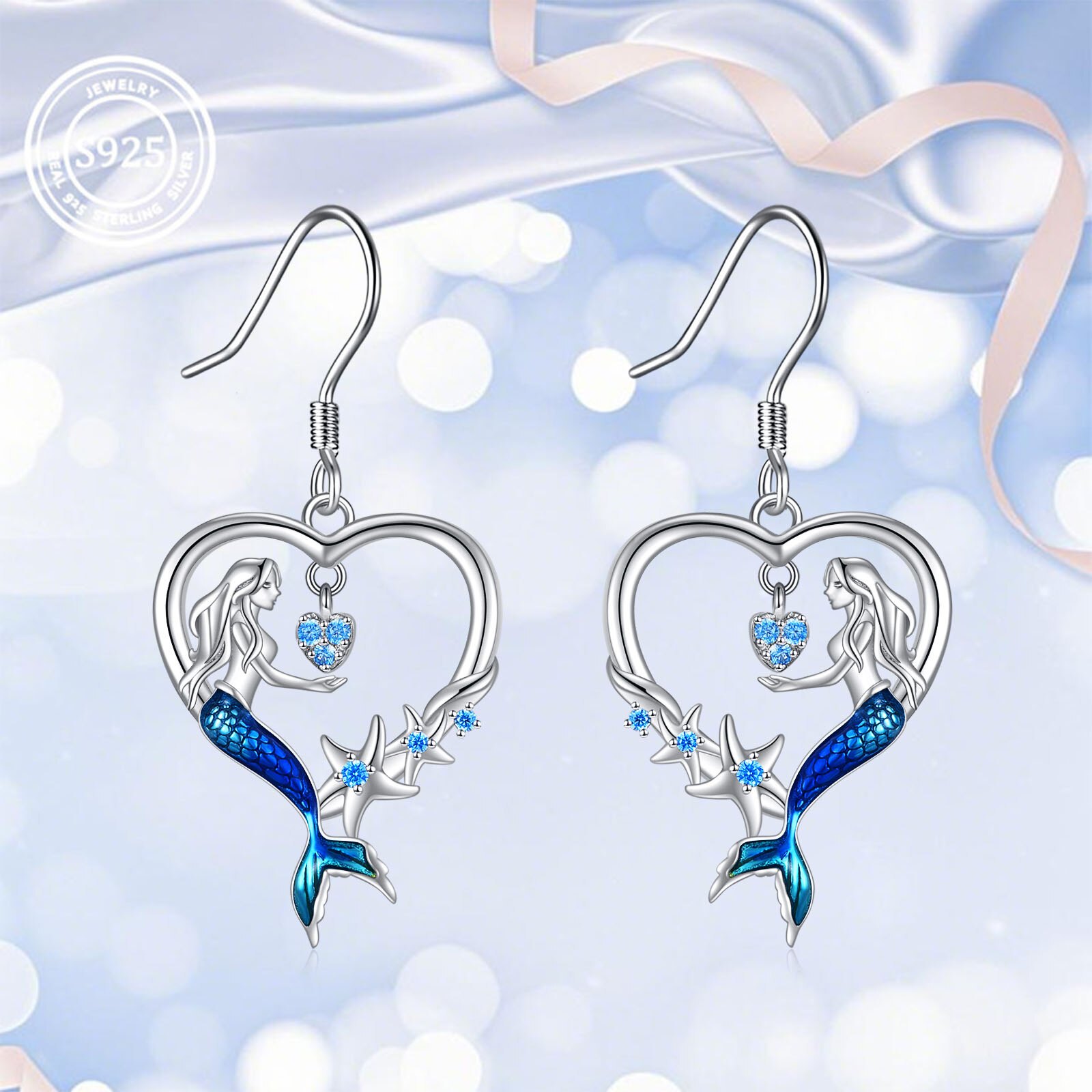 Mermaid Earrings 925 Sterling Silver Heart Starfish Earrings