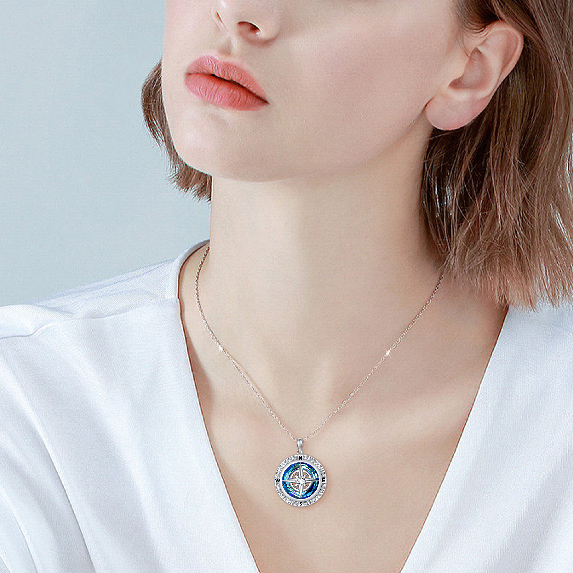925 Sterling Silver Compass Necklace with Synthetic Zirconia
