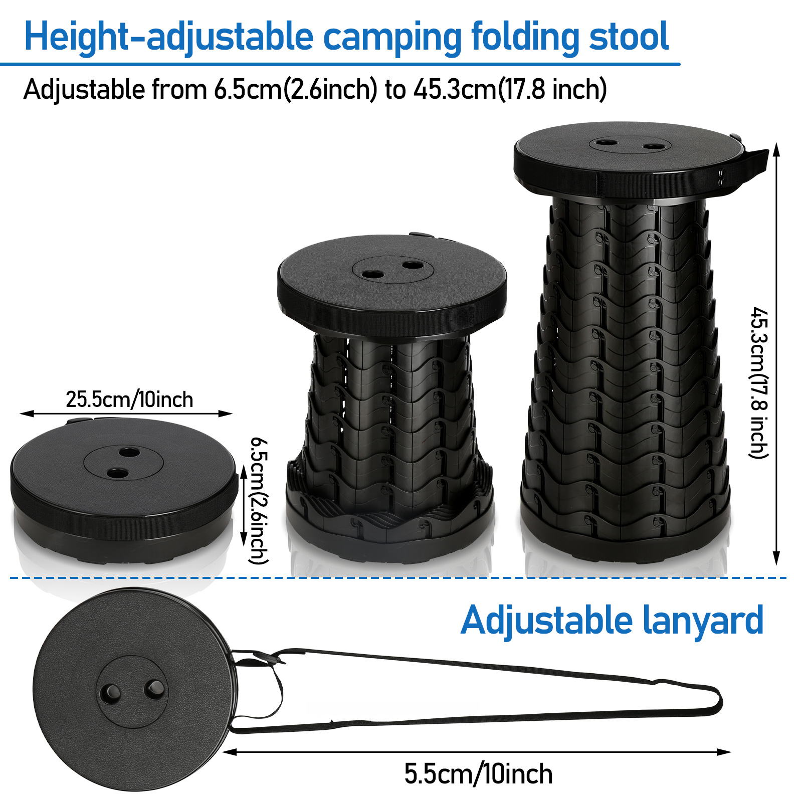 Portable Folding Stool Foldable Camping Stool Foldable Mini Telescopic Stool Lightweight Stable Height Adjustable For Fishing Hiking Travel Barbecue, Max 180kg Load Capacity, Black/blue/red