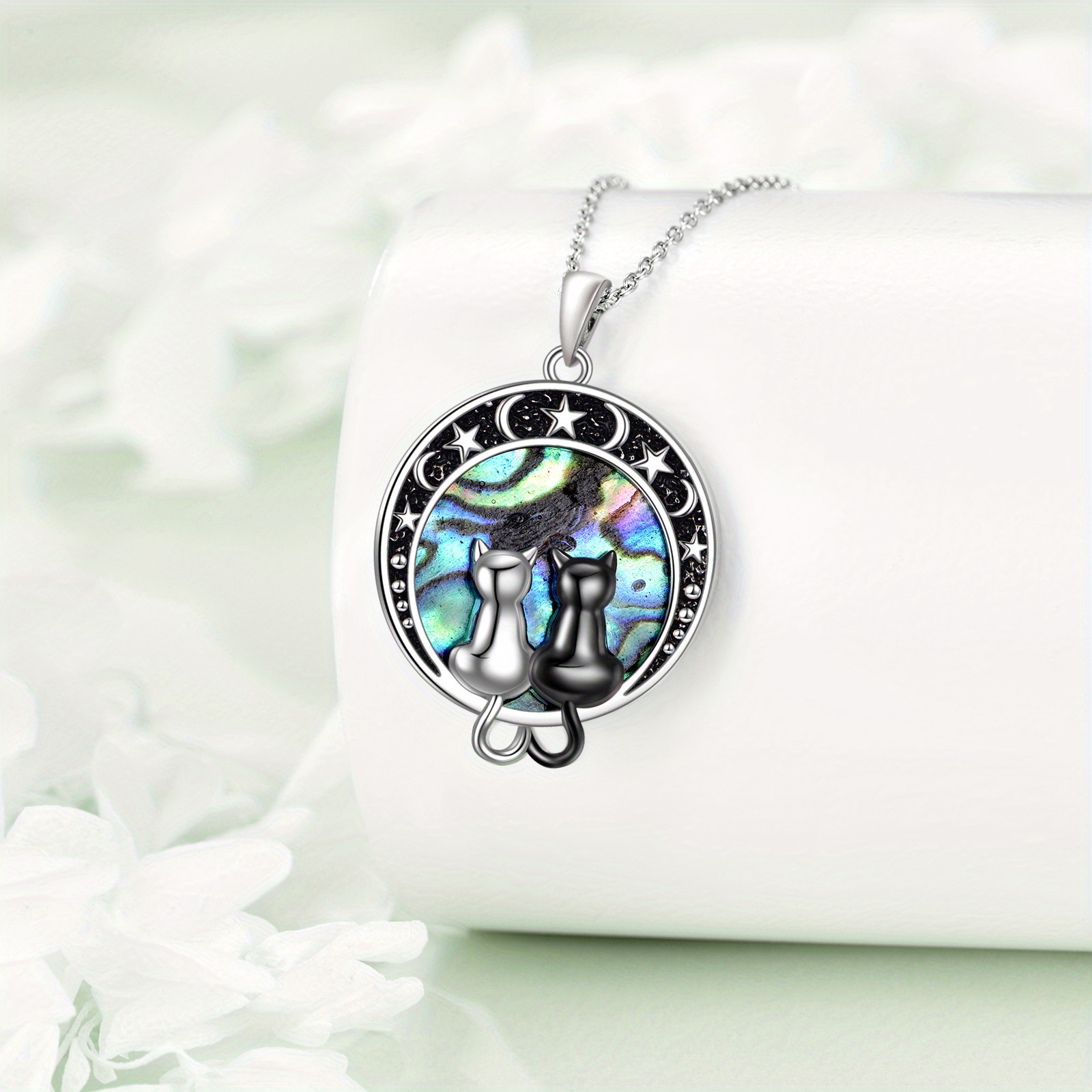 Women's Sterling Silver Black Cat & Abalone Pendant Necklace