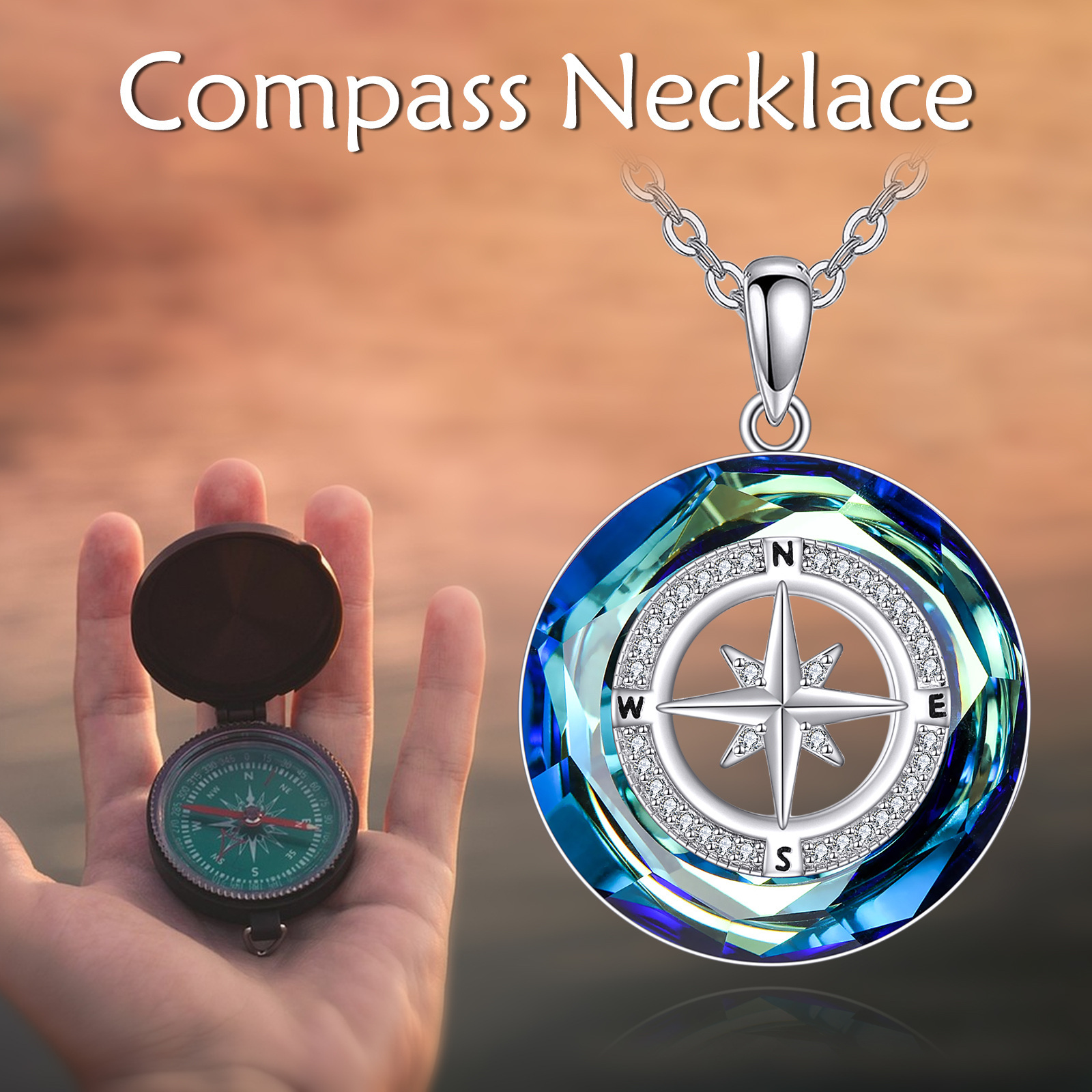 Women's 925 Sterling Silver Compass Necklace with Artificial Crystal Pendant