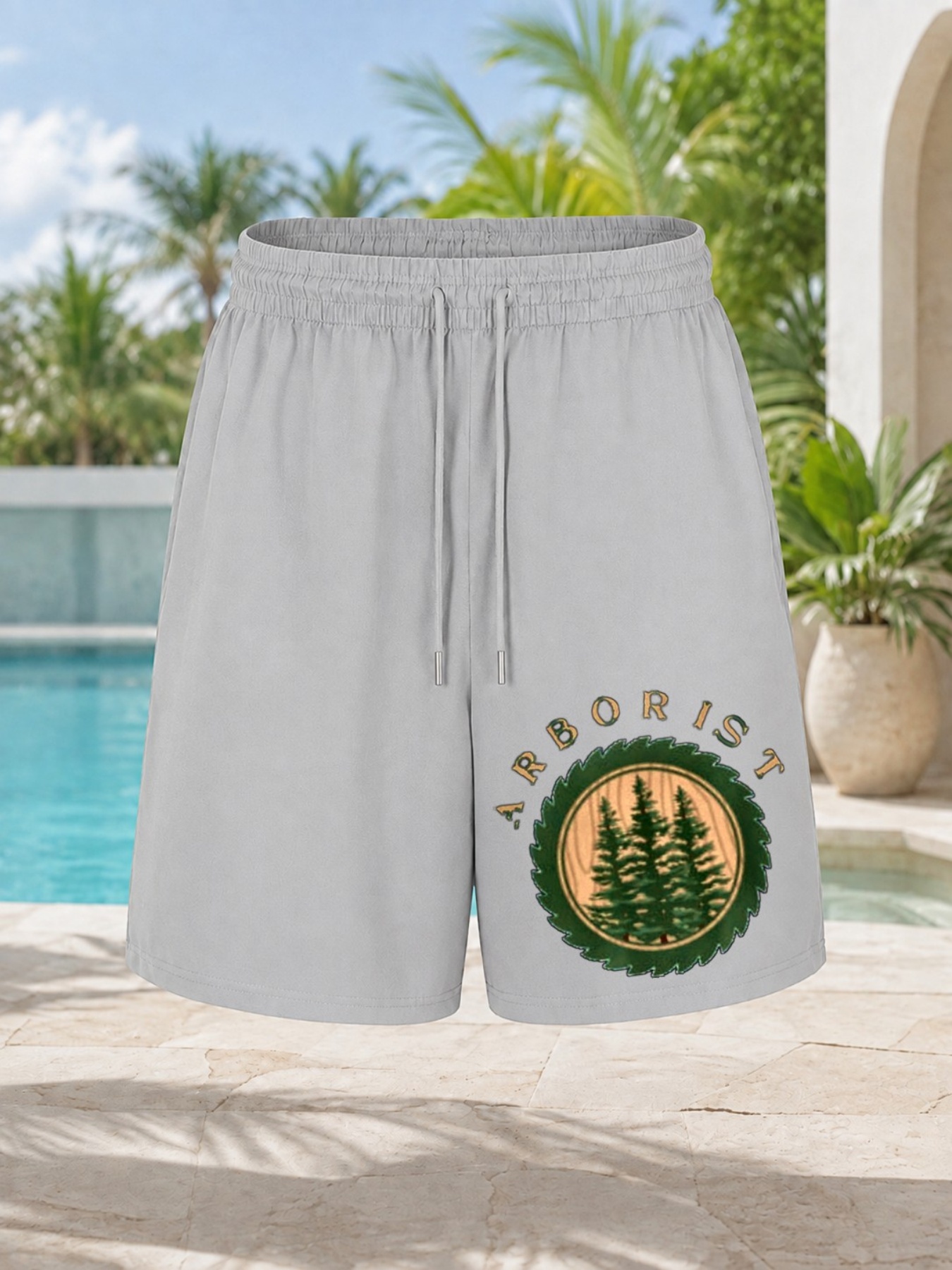item picture a pair of shorts featuring a pine tree   design   in black 180g heat transfer sports shorts unisex suitable for games   drawstring   y2k humor style essential perfect gift for birthdays and holidays