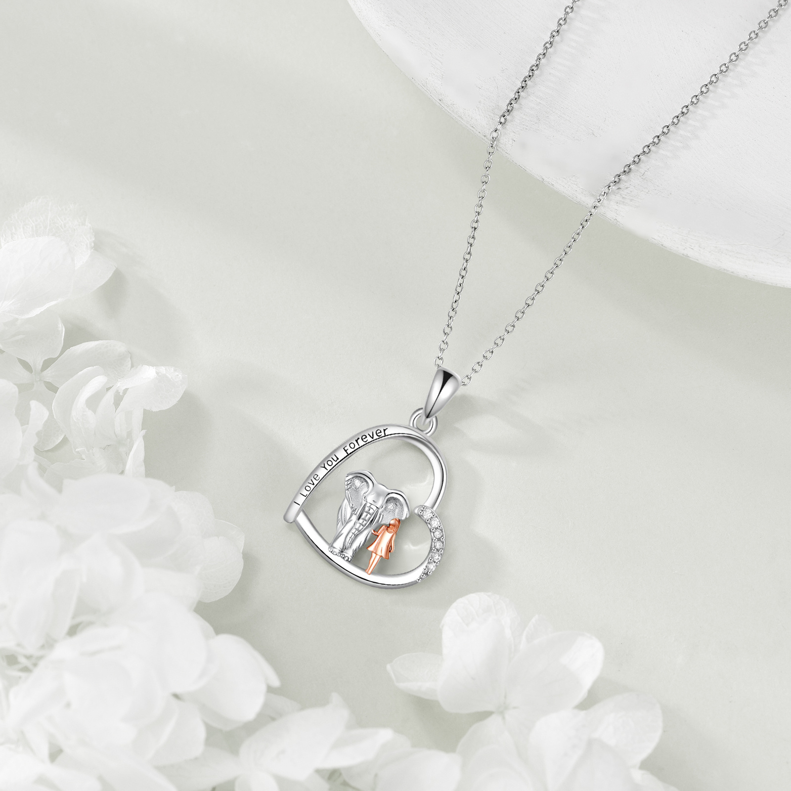 S925 Sterling Silver Elephant Necklace with Synthetic Zirconia, Hypoallergenic