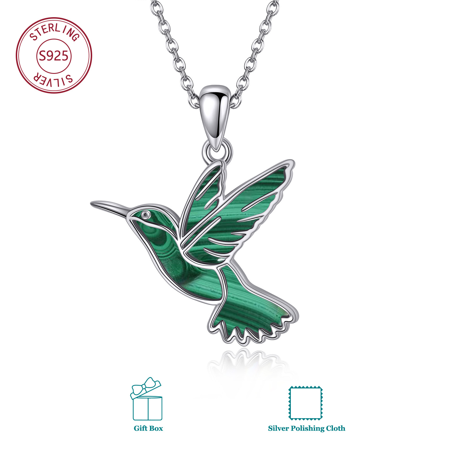 Elegant Necklace Featuring A Hummingbird Made Of 925 Sterling Silver And Malachite, Fashion And Hypoallergenic, Ideal For Women' Use