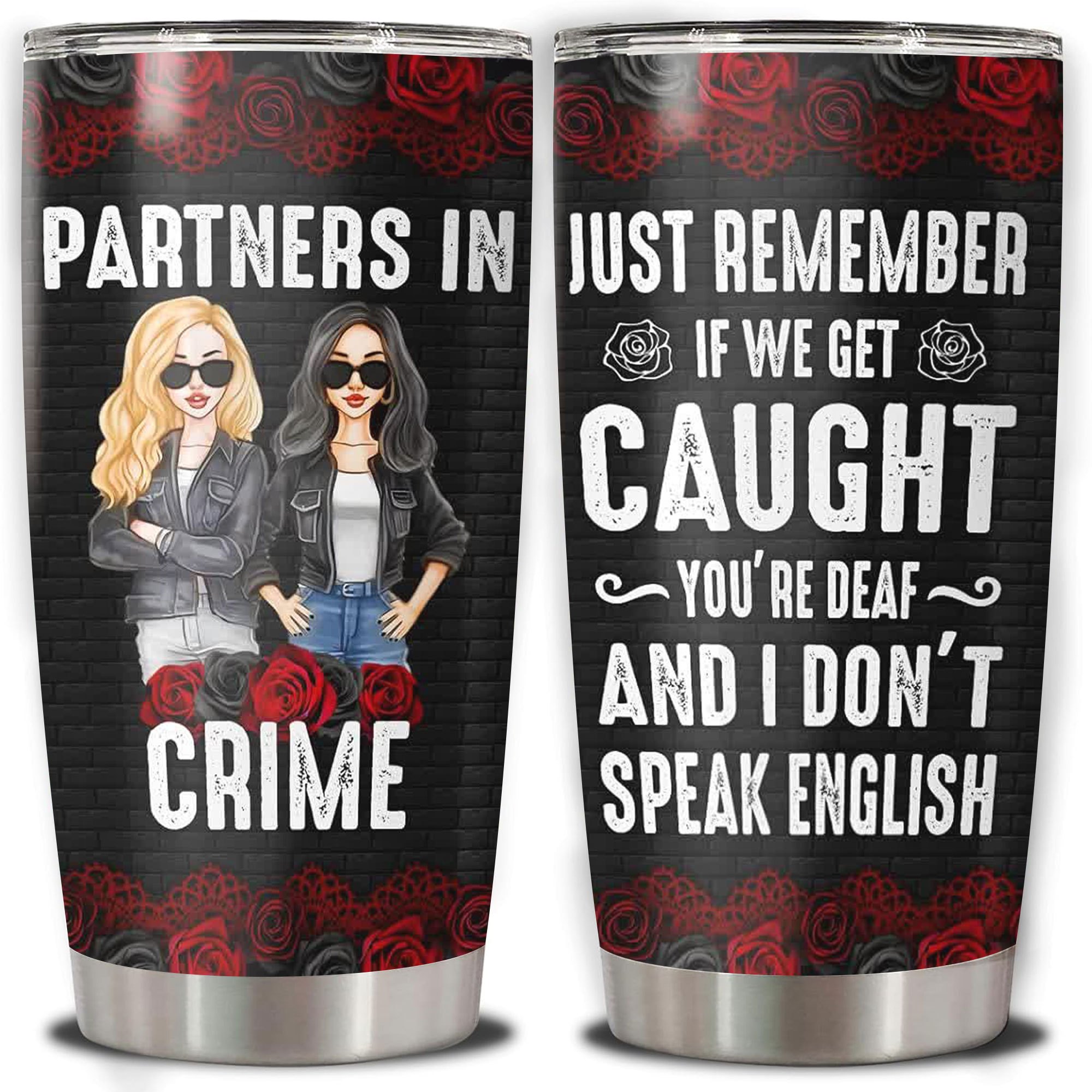 TEMU 1pc Tumbler With Lid - 20oz Stainless Steel Bestie Drinking Cup, Humorous Bff Coffee Mug With Rose & Black Leather-look Design, Funny Gift For
