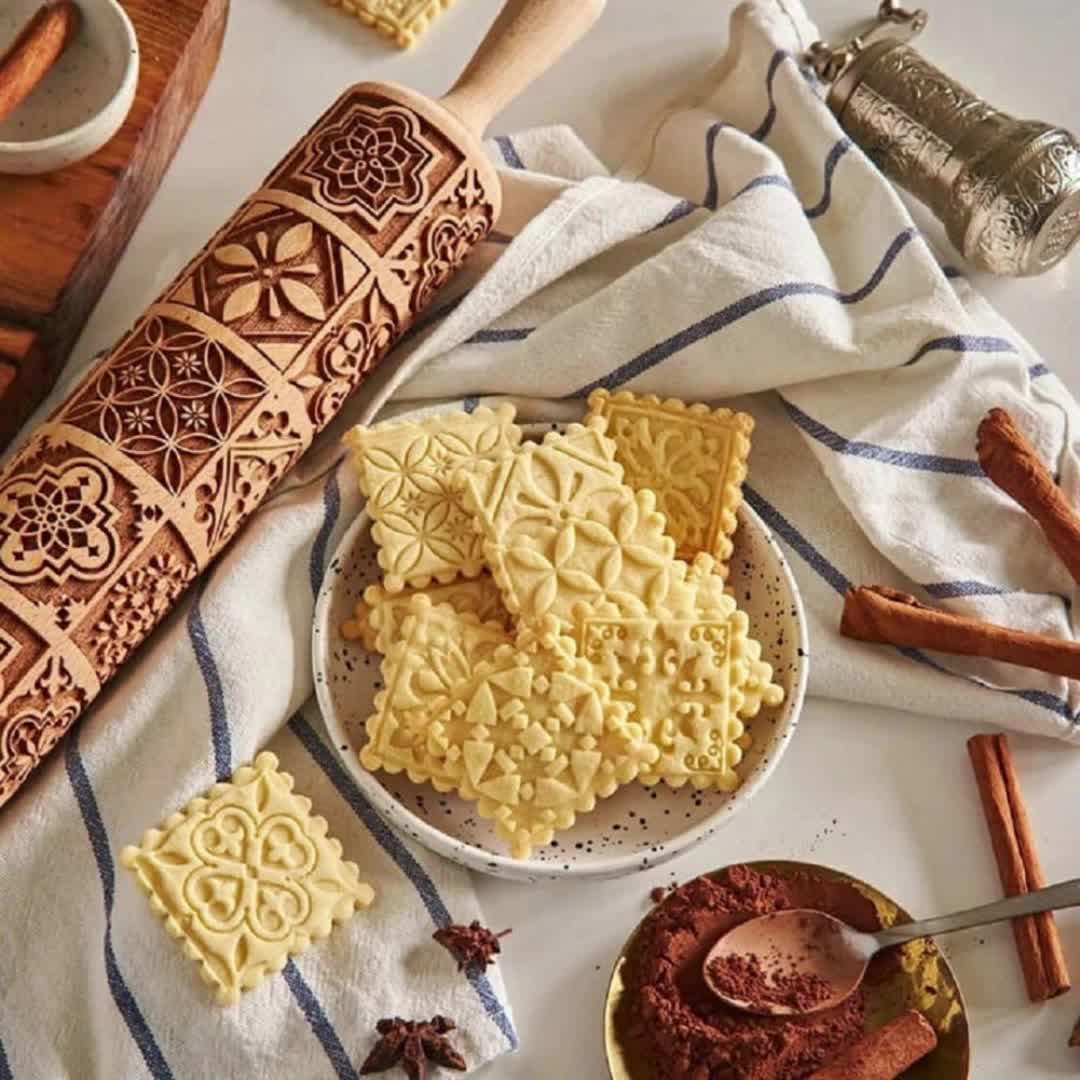 Embossed Wooden Rolling Pin With Design Plants And Flowers - Temu