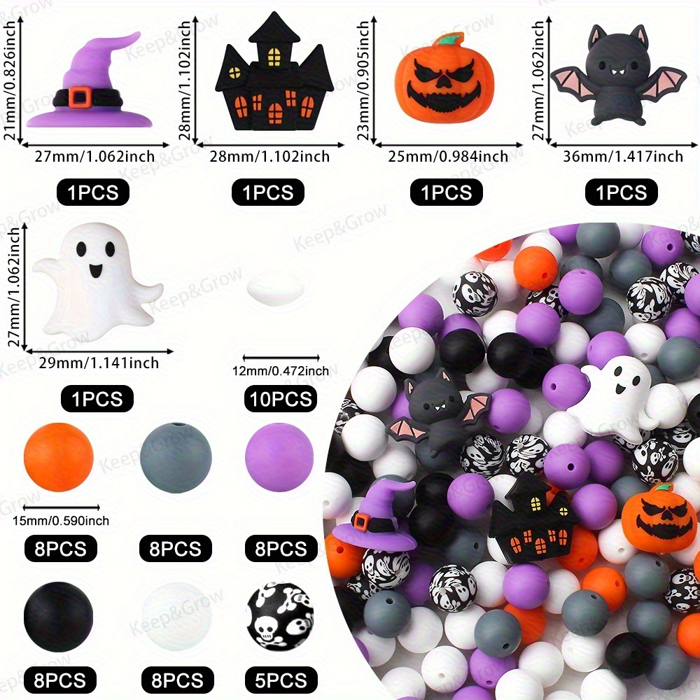 TEMU 60 Halloween Themed 3d Silicone Beads-castle Bat Wizard Hat Design, Bright Colors Suitable For Making, Key Chains, Pen Ornaments And Handmade