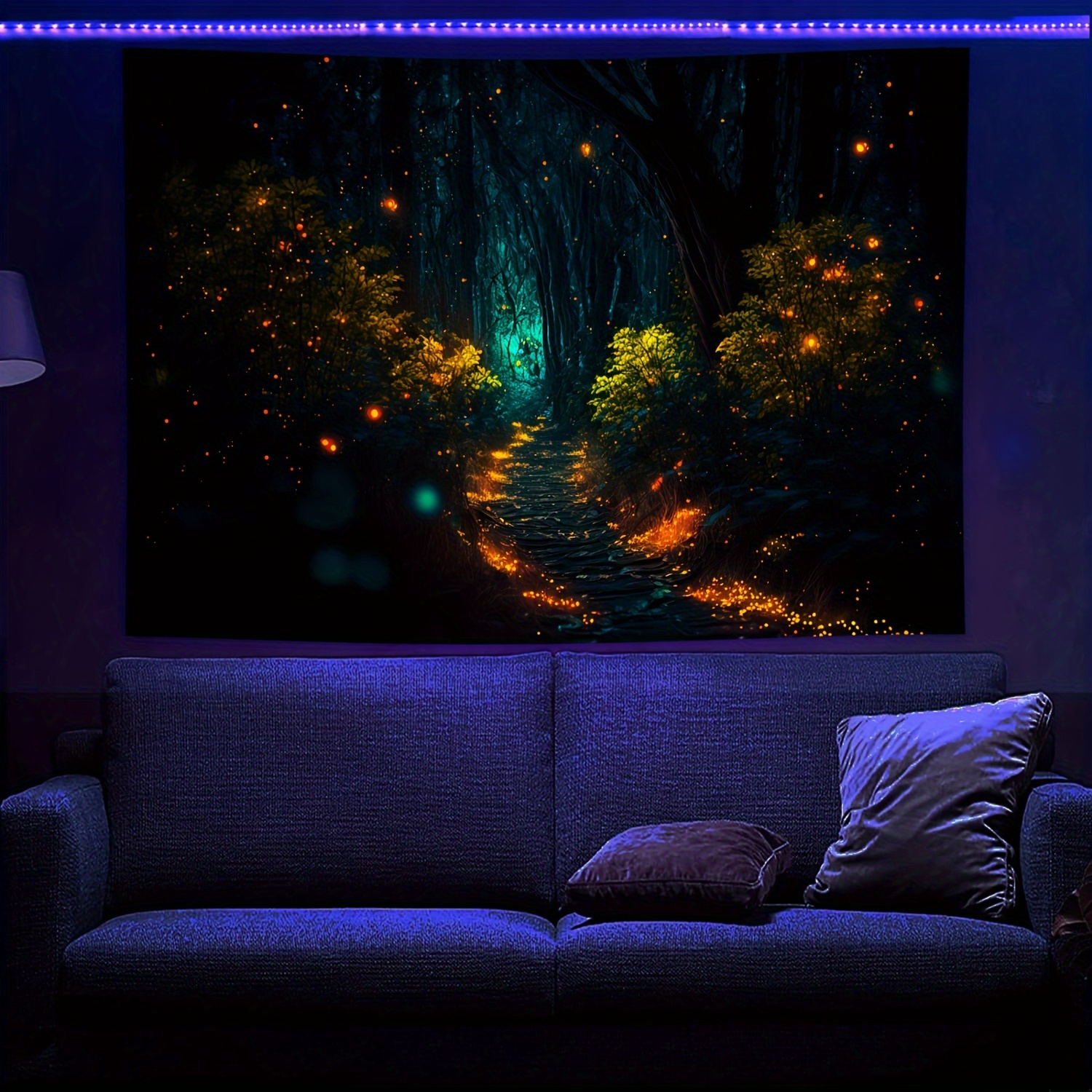 Neon Art Abstract Painting on Canvas Modern Wall Art UV Glow in the Dark  Fluorescent Landscape Contemporary Wall Art Tree Painting. 