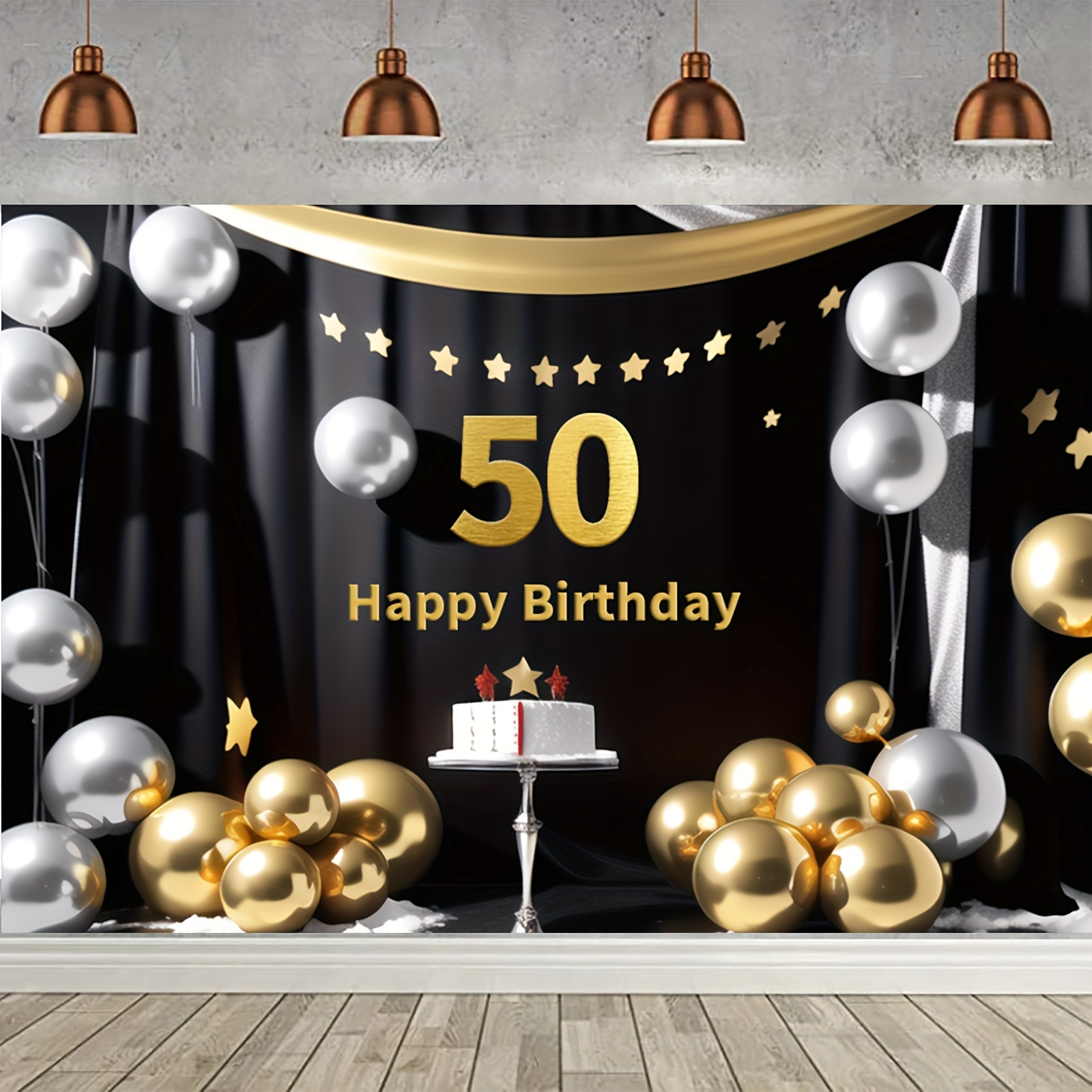 Cartel de decoración de cumpleaños número 50, color morado, negro y dorado,  cartel grande de feliz cumpleaños, fondo de 50 cumpleaños, cabina de fotos