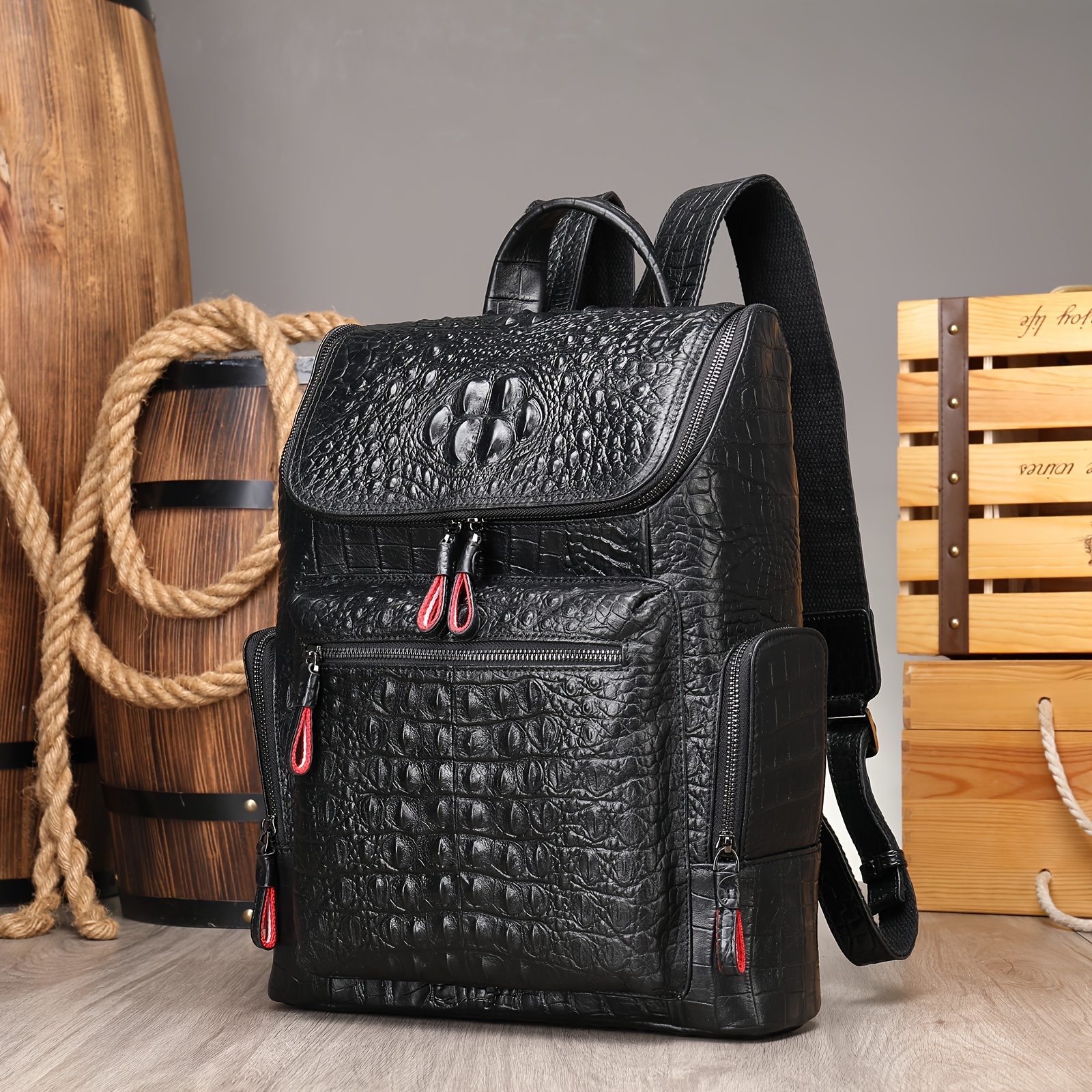 Black Men Crocodile Leather Backpack Luxury Shoulder Bag Large Capacity  Business