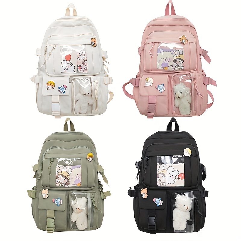 Fanci 4pcs Cute Cat Prints Canvas Primary School Bag Rucksack Backpack Set for Girls Elementary Bookbag