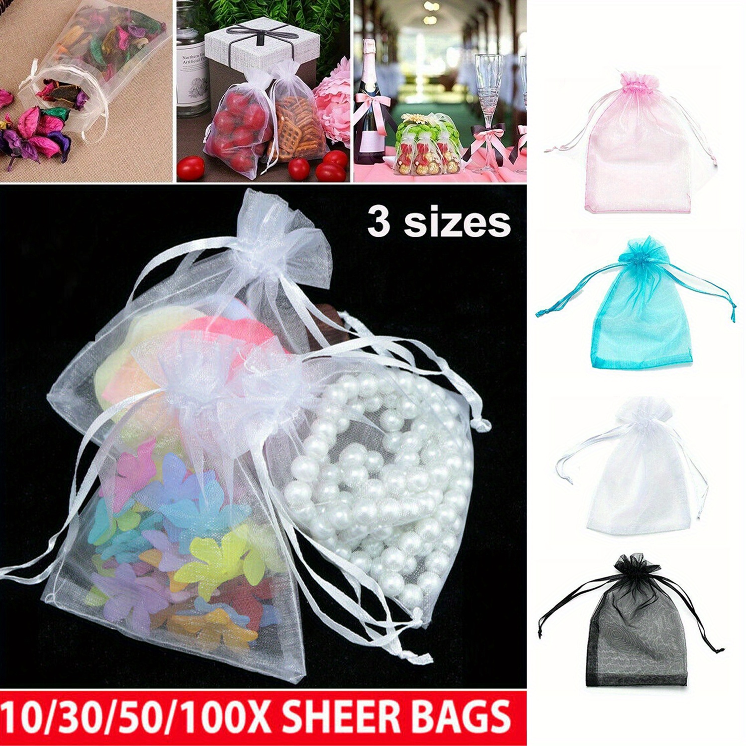 100 bolsas de organza grandes de 8 x 12 pulgadas de color mixto, bolsas de  joyería con cordón