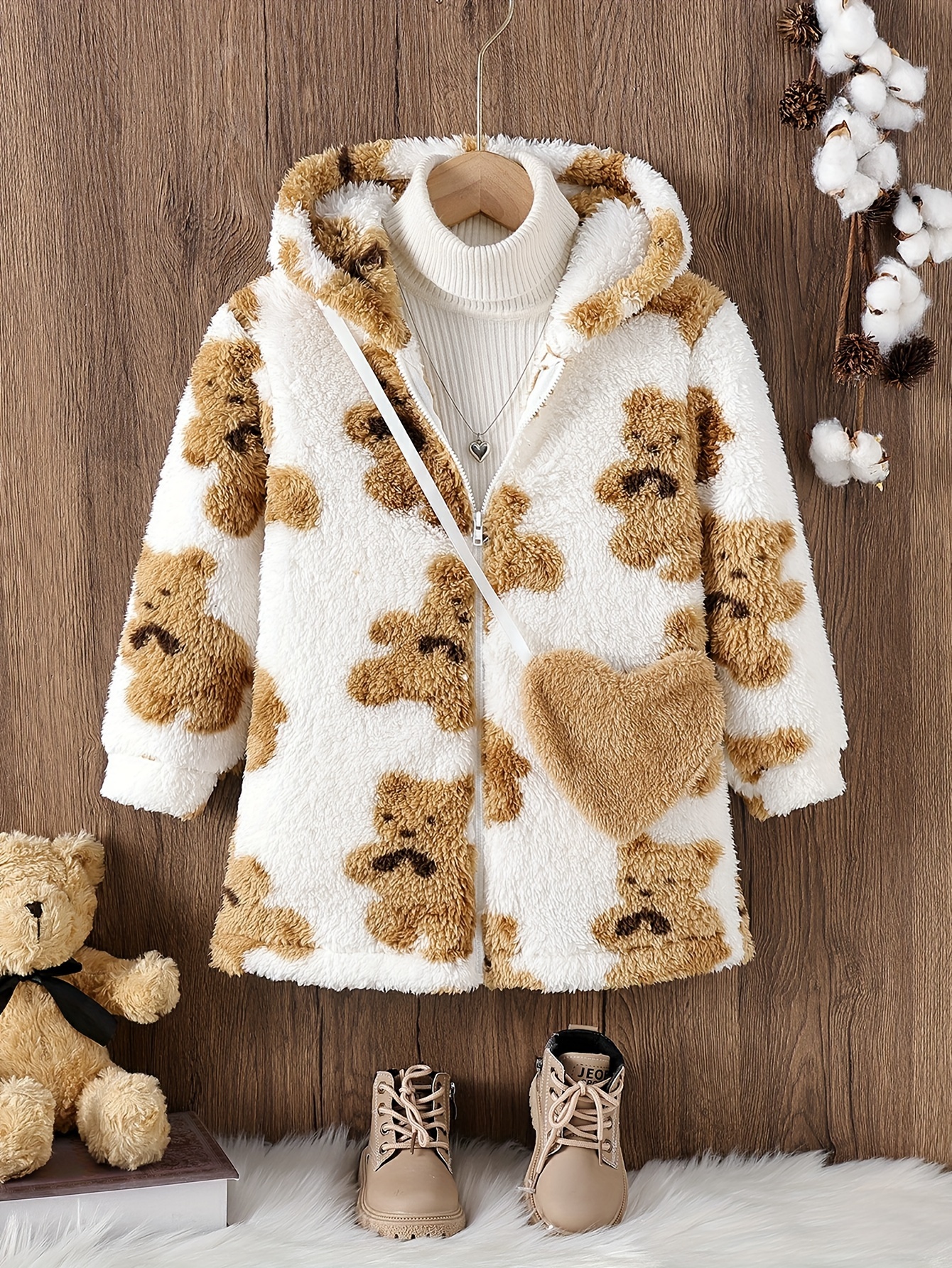 Tween Girl's Teddy Fleece Bears Print Pullover Sweatshirt, Girls Outerwear  Coat For Fall/ Winter