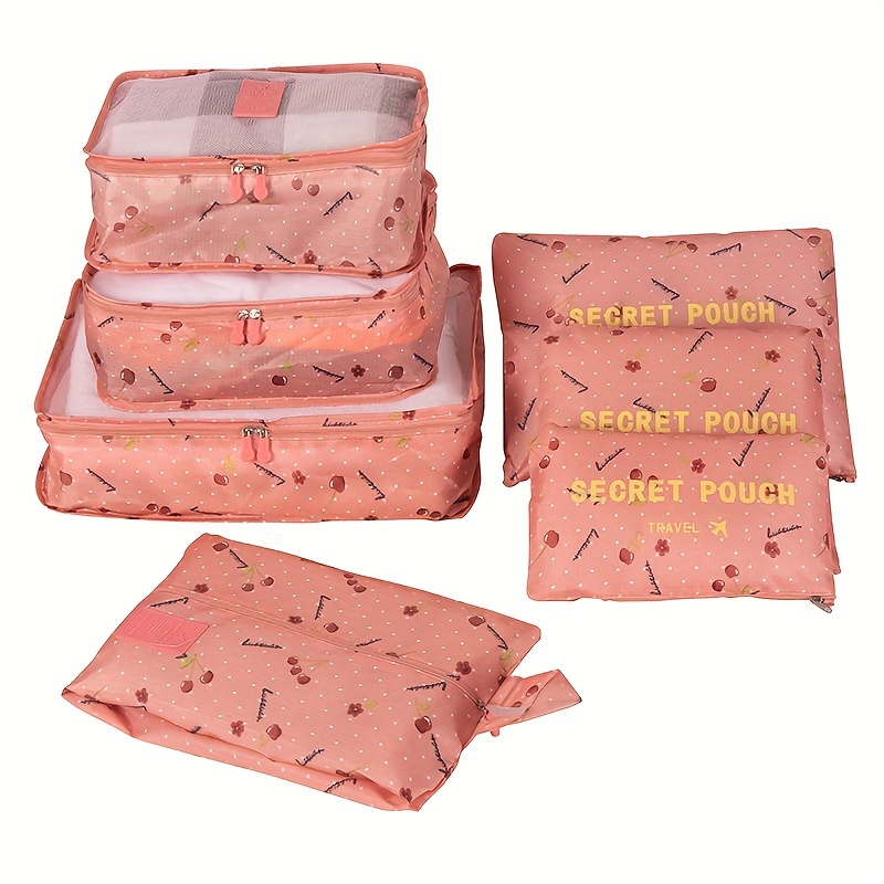 6pcs Waterproof Travel Storage Bags Clothes Packing Cube Luggage Organizer Pouch (Pink Cherry)