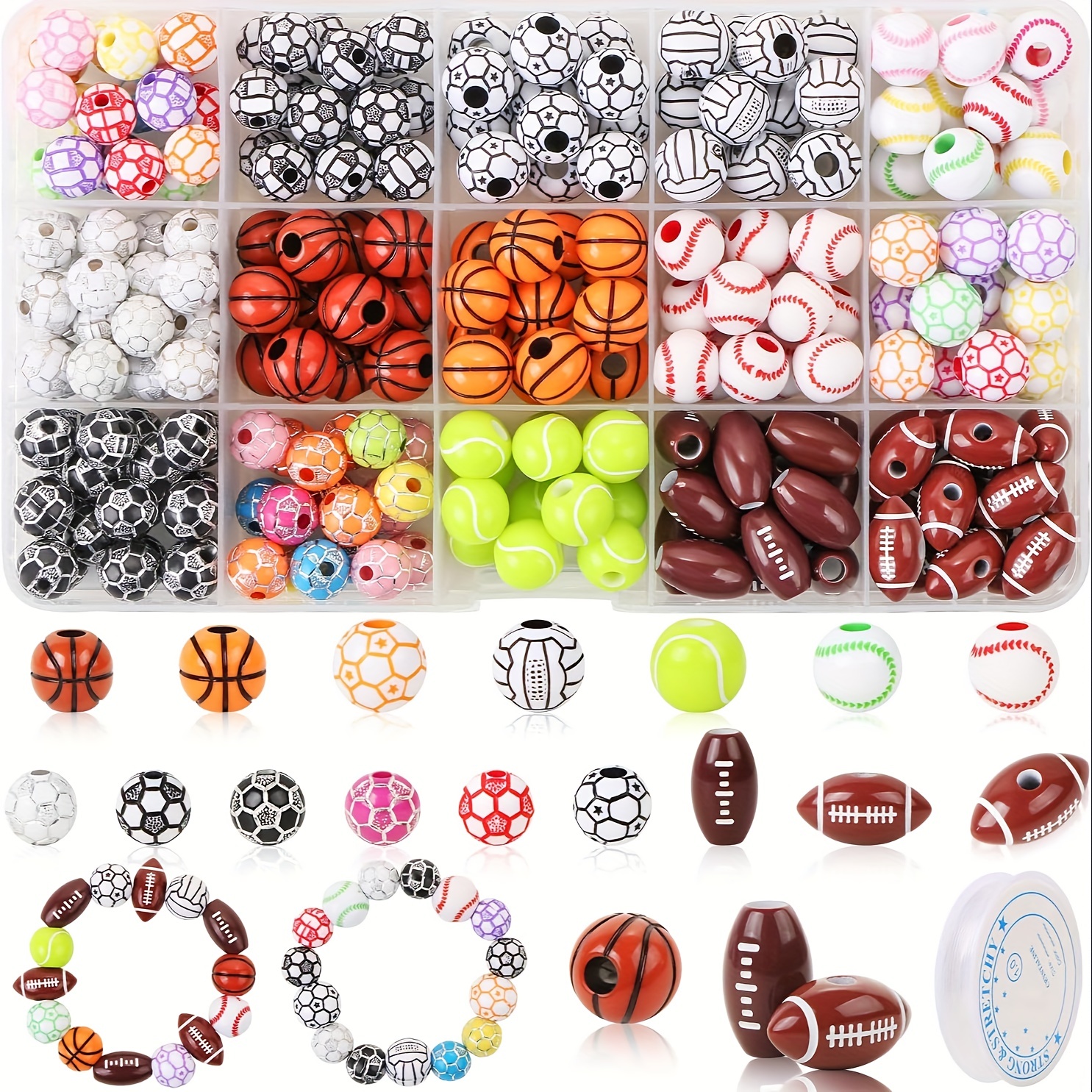 400 Pcs Sports Ball Beads for Jewelry Making, Acrylic Sports Beads Bulk,  Baseball Basketball Soccer Volleyball Softball Football Beads with Box