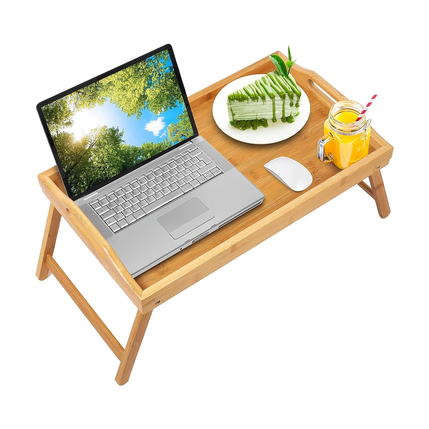 Bandeja de cama, mesa de cama de bambú para laptop con patas y asas  plegables, mesa de cama para servir el desayuno, natural