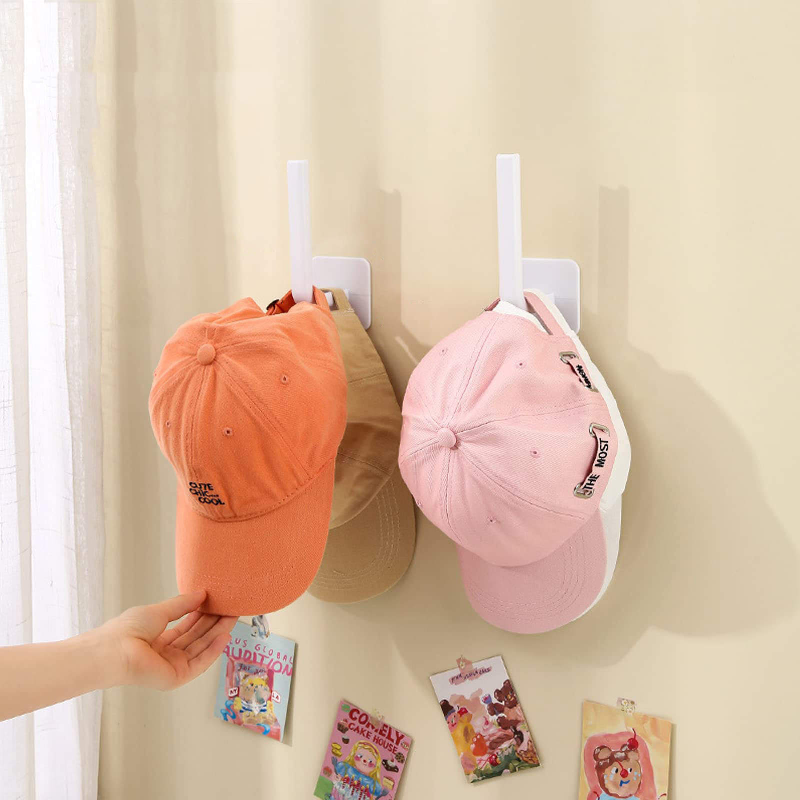 Ganchos adhesivos para colgar gorras de béisbol, perchas de madera para  pared, s