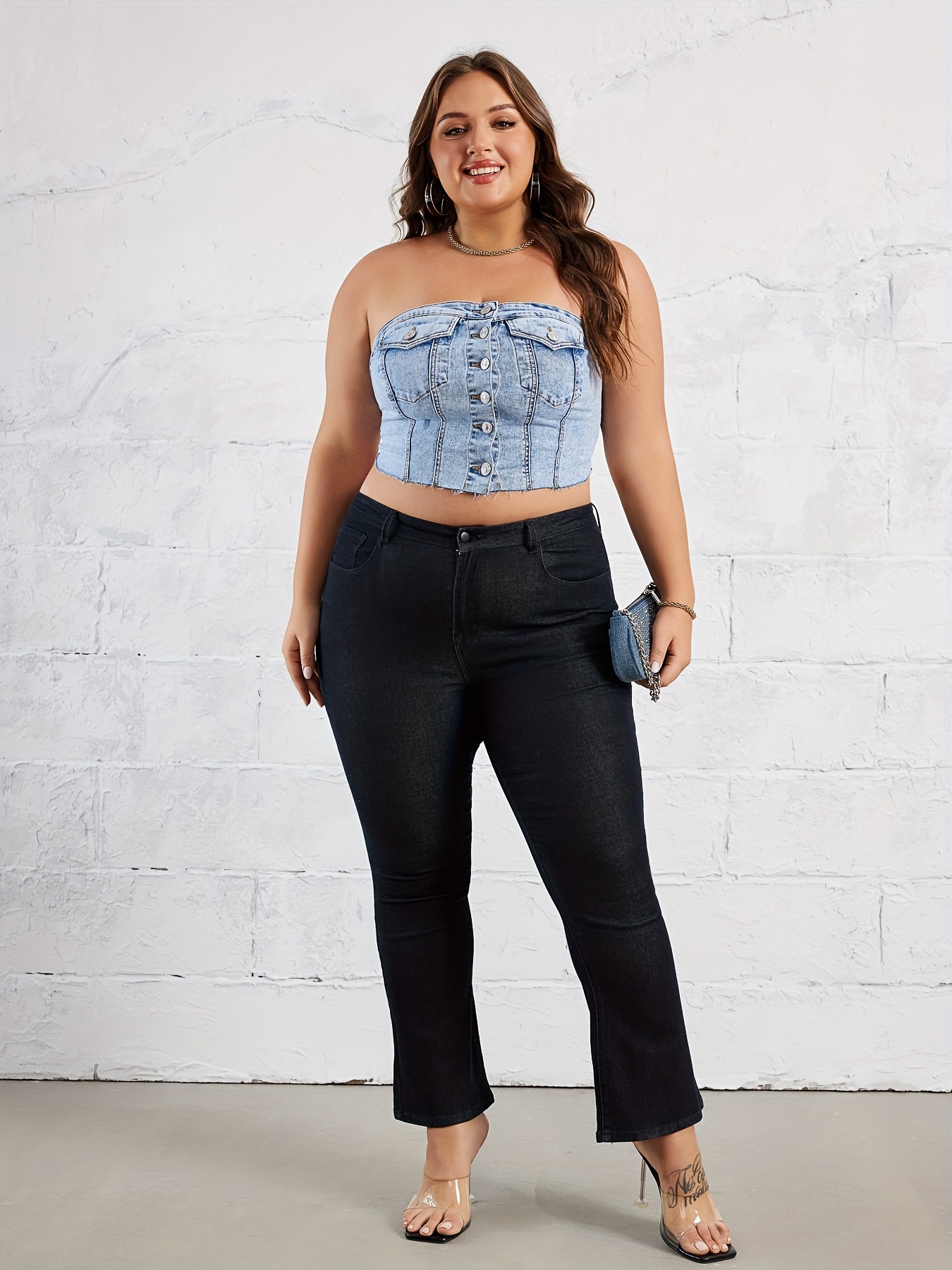 Plus Size Ripped Straight Leg Cropped Jeans, Women's Plus Medium Stretch  Cropped Jeans