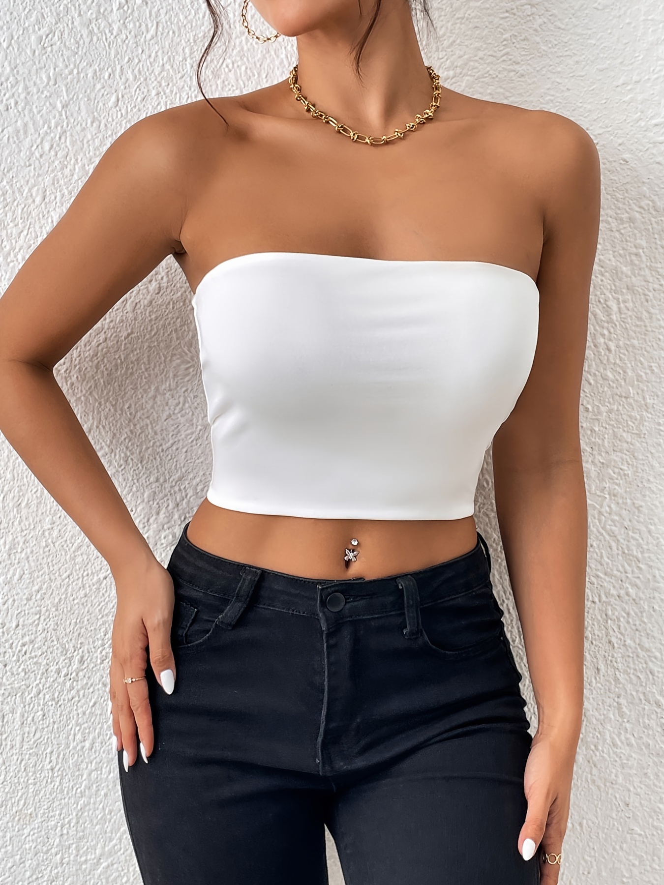 Lettuce Trim Shirred Crop Tube Top, Sexy Strapless Top For Summer, Women's  Clothing