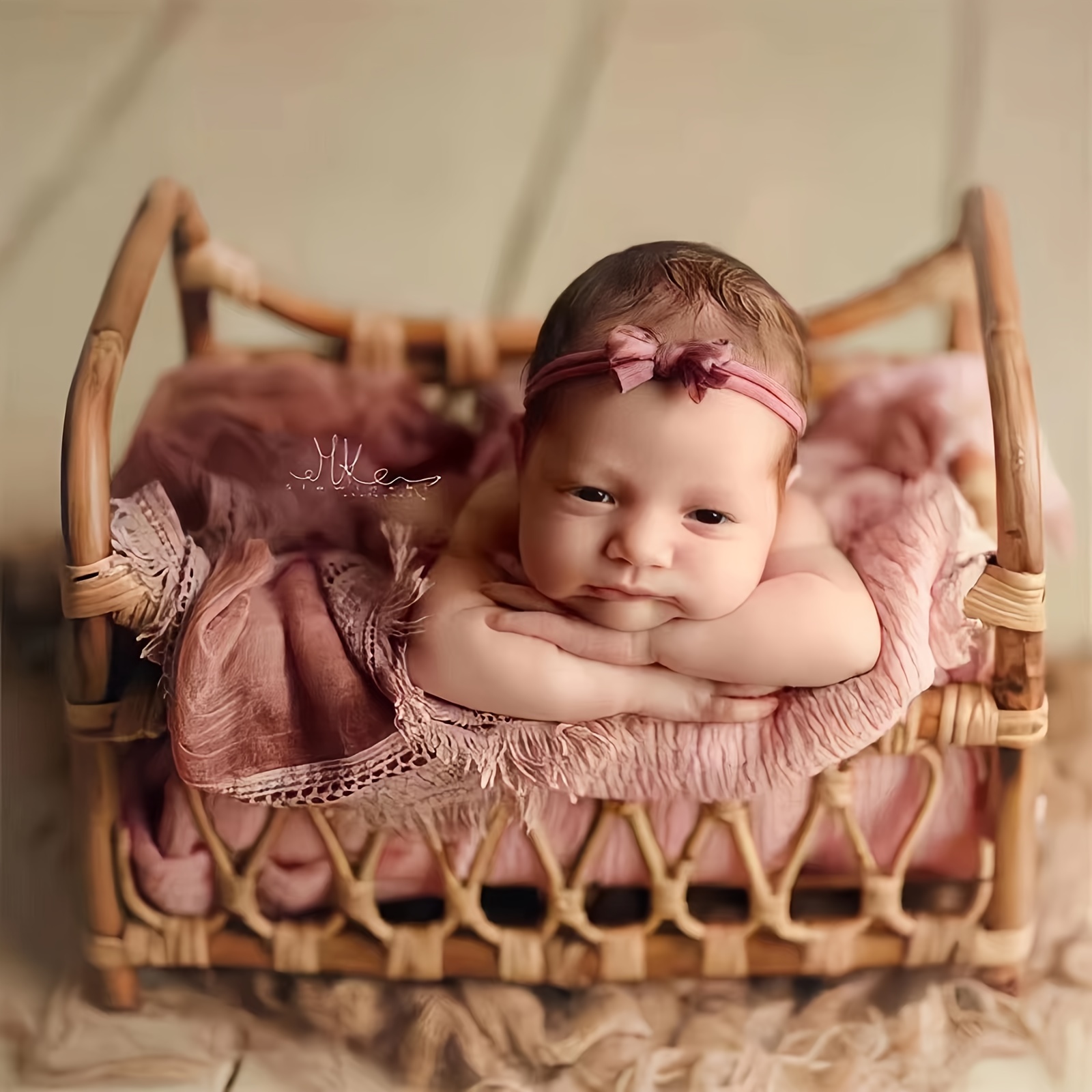 Bebé Recién Nacido Niña Posando En La Cesta Fotos, retratos