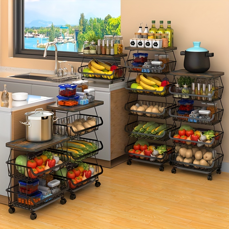 Kitchen Storage Basket Cart Roller Rack Garage Organizing Tray for Kitchen  Fruit Vegetable Basket Rack Storage