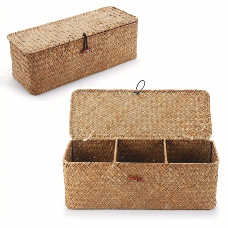 Juego de 4 cestas de hierba marina con tapa, cesta de almacenamiento de  mimbre, cajas de almacenamiento decorativas con tapas, contenedores de