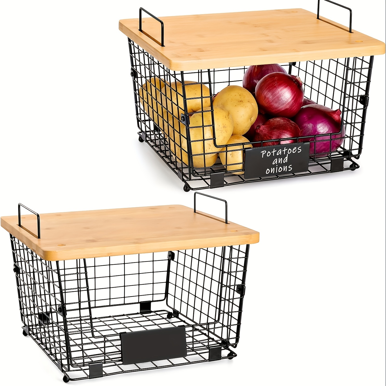 Hanging Fruit Basket Wire Baskets with Wood Lid, 2 Pack Stackable Kitchen  Counter Organizer Countertop Onion and Potato Storage, Wall Mounted Produce