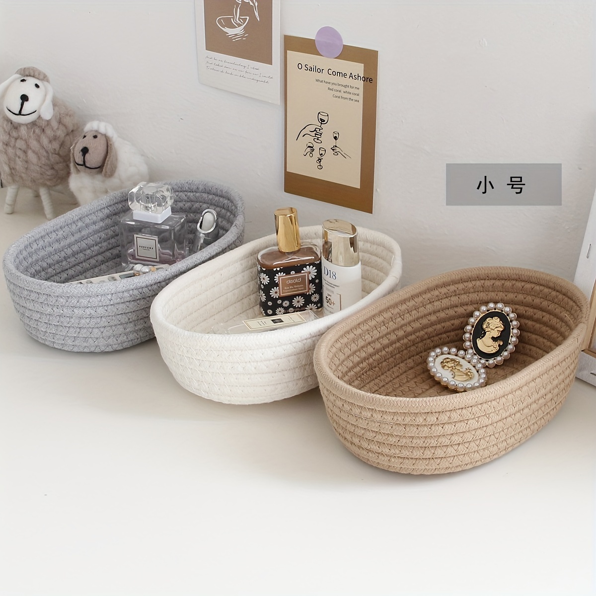 Small Woven Baskets, Empty Tiny Storage Baskets, Mini Cotton Rope Baskets, Oval Decorative Hampers, Storage Bins for Toys, Empty Gift Basket for Baby