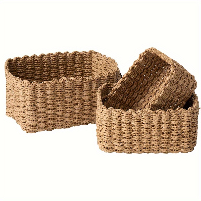 Canastas grandes de almacenamiento de hierba marina para organizar con asas  de madera para estantes, 2 cestas pequeñas de baño, cestas de papel – Yaxa  Colombia