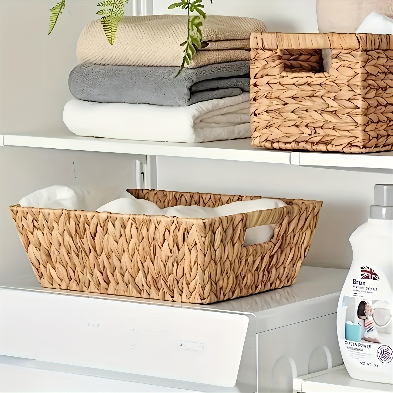 Set Of 2 Bathroom Baskets For Organizing, Decorative Water Hyacinth Small  Wicker Basket Organizer, Toilet Paper Storage Baskets With Wooden Handles  And Natural Fiber Liner