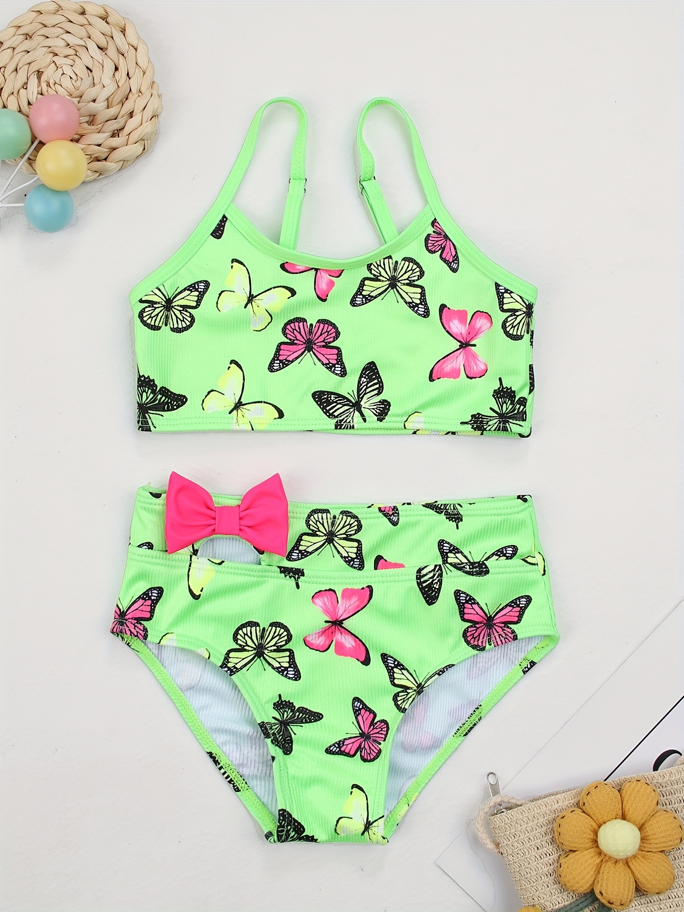 2pcs Toddler Girls Bikini Tankini Swimsuit Flutter Sleeve Lemon Graphic Top  & Ruffle Trim Triangle Swim Bottoms Set Kids Summer Beach Clothes Bathing