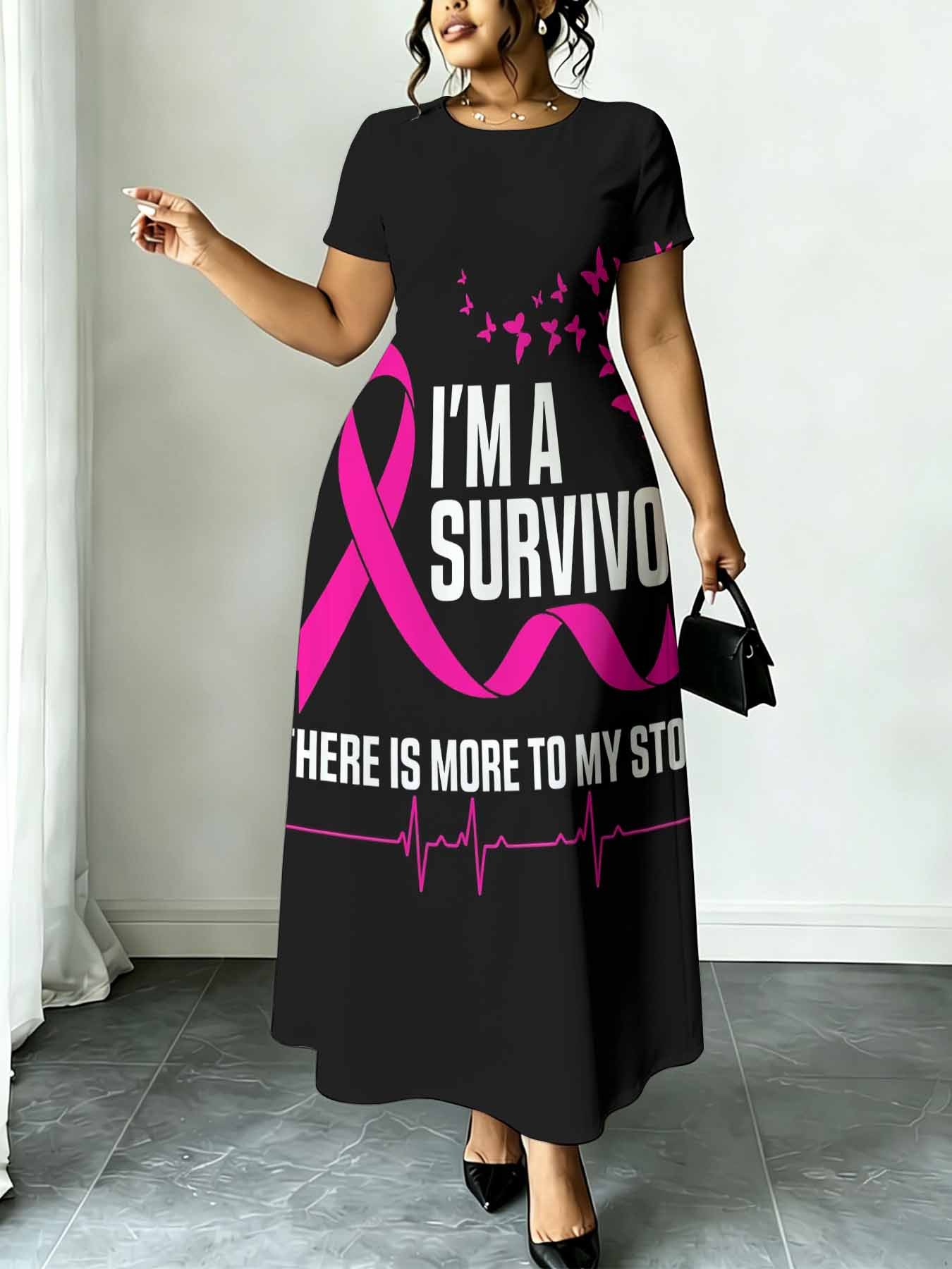 breast   awareness ribbon and text i m a survivor   is   print long dress black casual loose fit midi dress for women suitable for casual attire and light