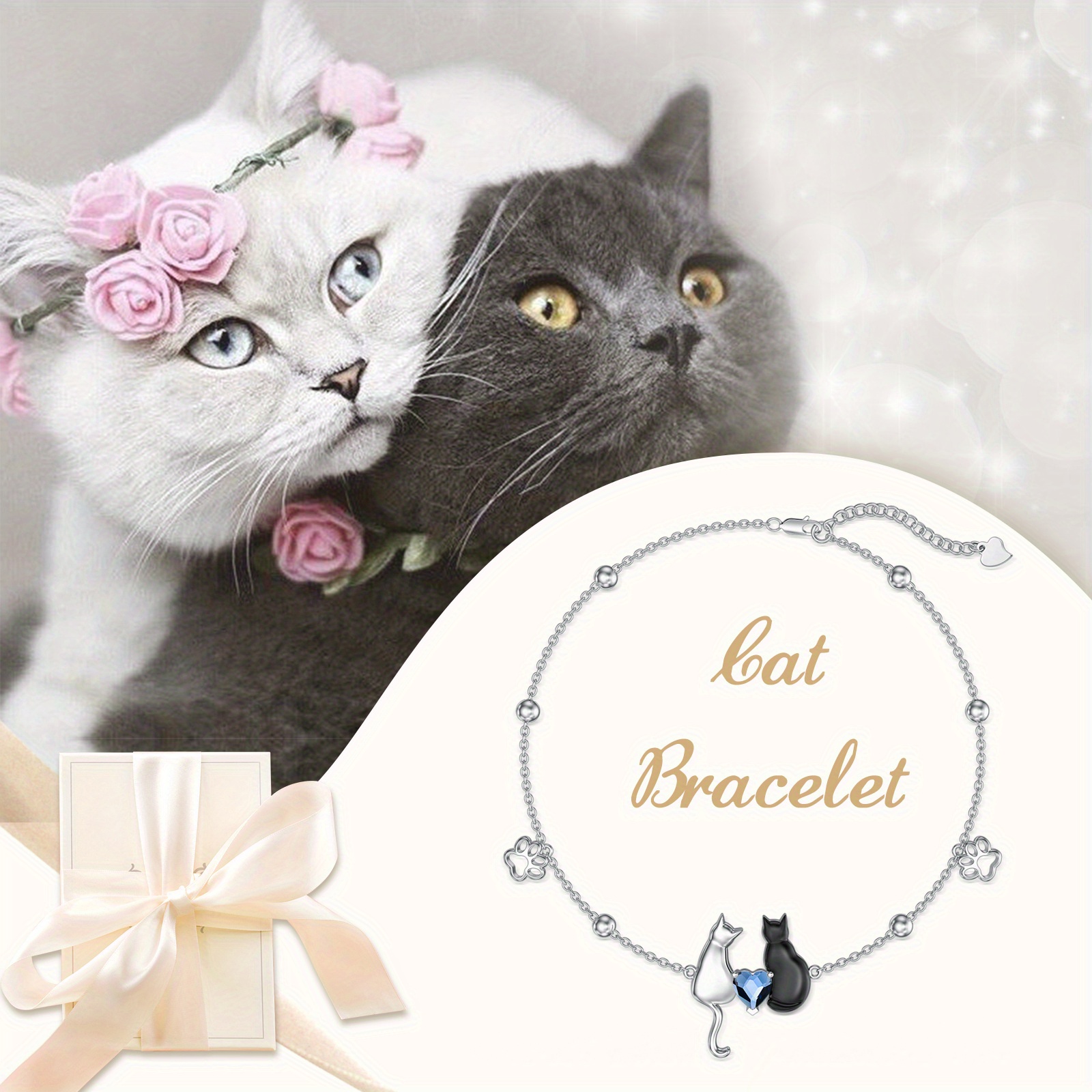 925 Silver Cat & Paw Print Heart Chain Bracelet
