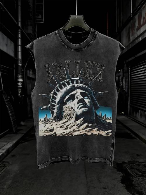 valley buried statue of print tank top made of washed with a vintage feel 230g washed loose sleeveless shirt suitable for outdoor sports fitness and streetwear machine washable summer casual top