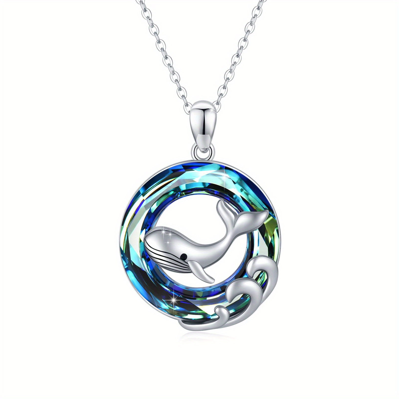 Women's Whale Necklace, Sterling Silver Pendant with Crystal Wave