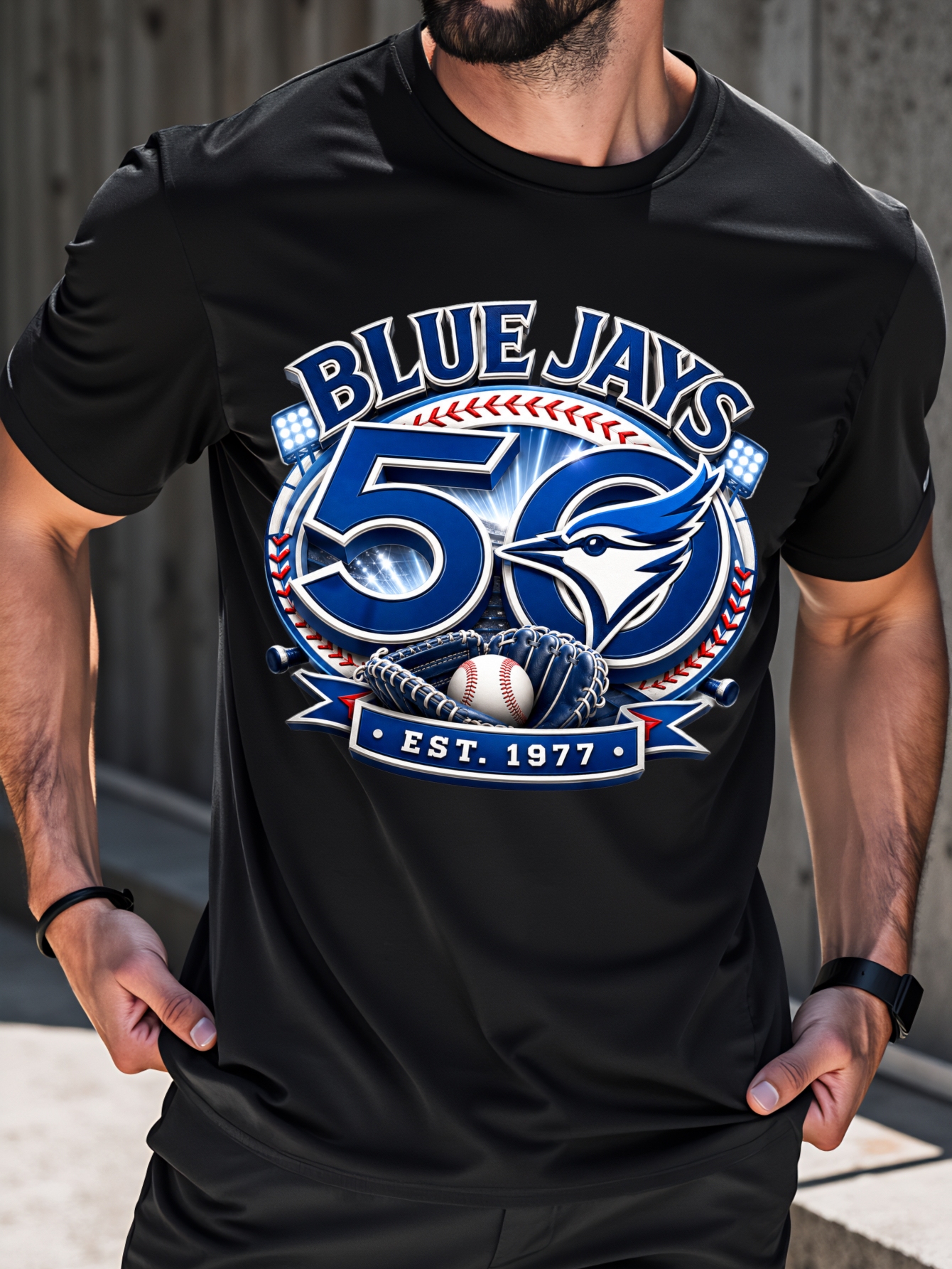 item picture Jays 50Th Anniversary Men'S T-Shirt with Baseball Team Logo Design, Summer Casual Wear, Sports Fan Gift, Loose Fit, Round Neck, Fashionable New Style
