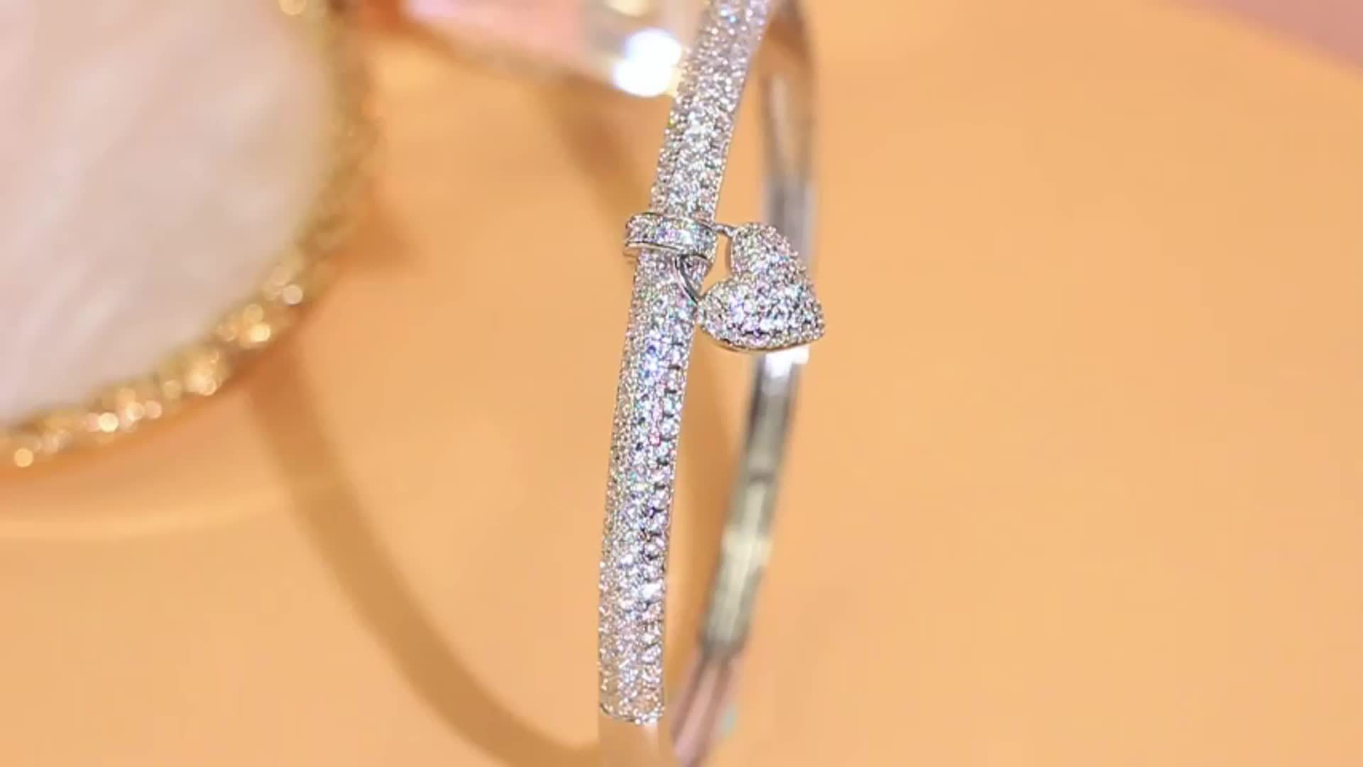 Heart Zirconia Bridal Bangle, Silver Plated, Wedding Jewelry