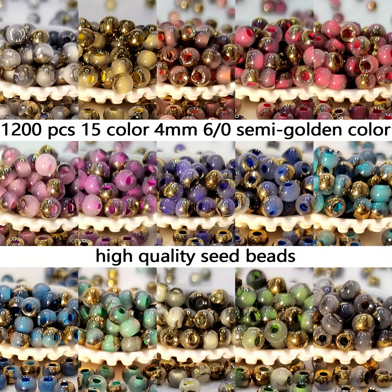 TEMU 1200 Glass Seed Beads Kit For Jewelry Making Beading Supplies 4mm 6/0 Super Semi-golden Rice Beads, A Total Of 15 Colors, A Total Of 5g, A Total