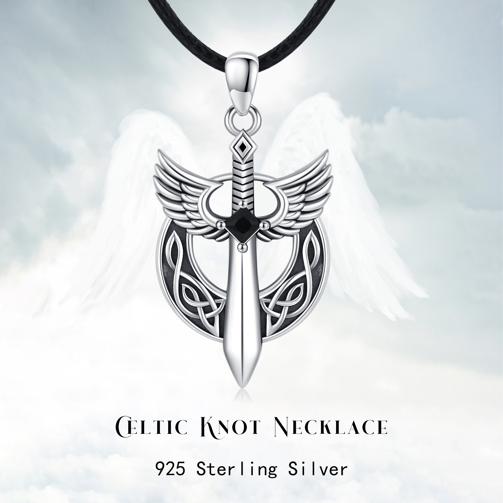 Celtic Knot Sword Necklace with Black Cubic Zirconia