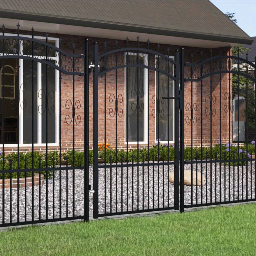 Image of Black Powder-coated Steel Fence Gate With Spear Top, 40"x80" - Decorative Scrollwork Design For Backyard, Patio, Or Garden - Single Door Size 34"x60, Fence Decorations Outdoor