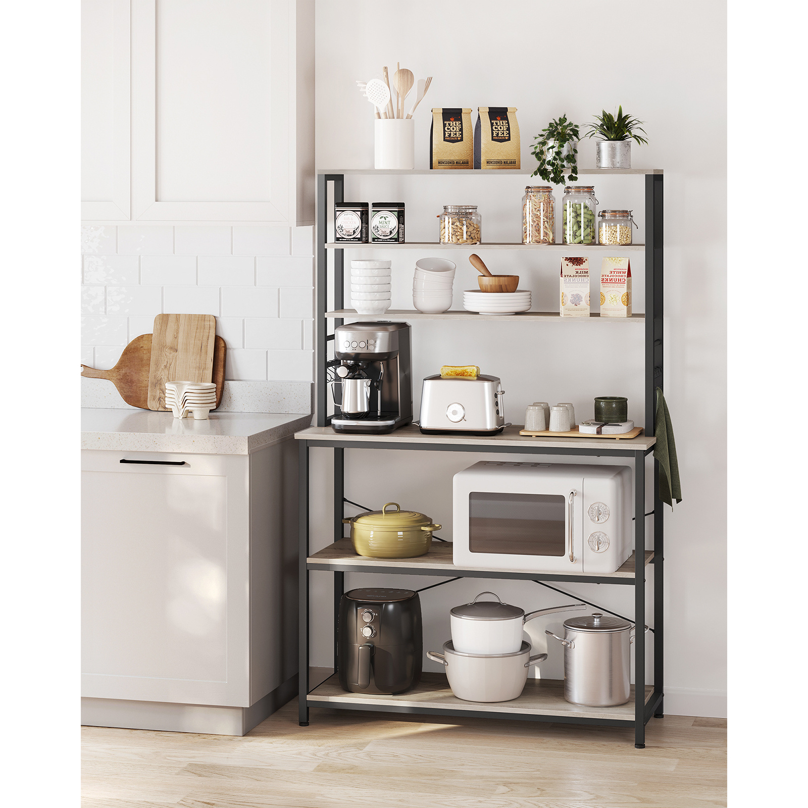 Kitchen Shelf, Standing Shelf For Kitchen, Microwave Shelf, Standing, 6 Shelves And 6 Hooks, For Microwave, , , 40 X 100 X 167cm, Grave Black
