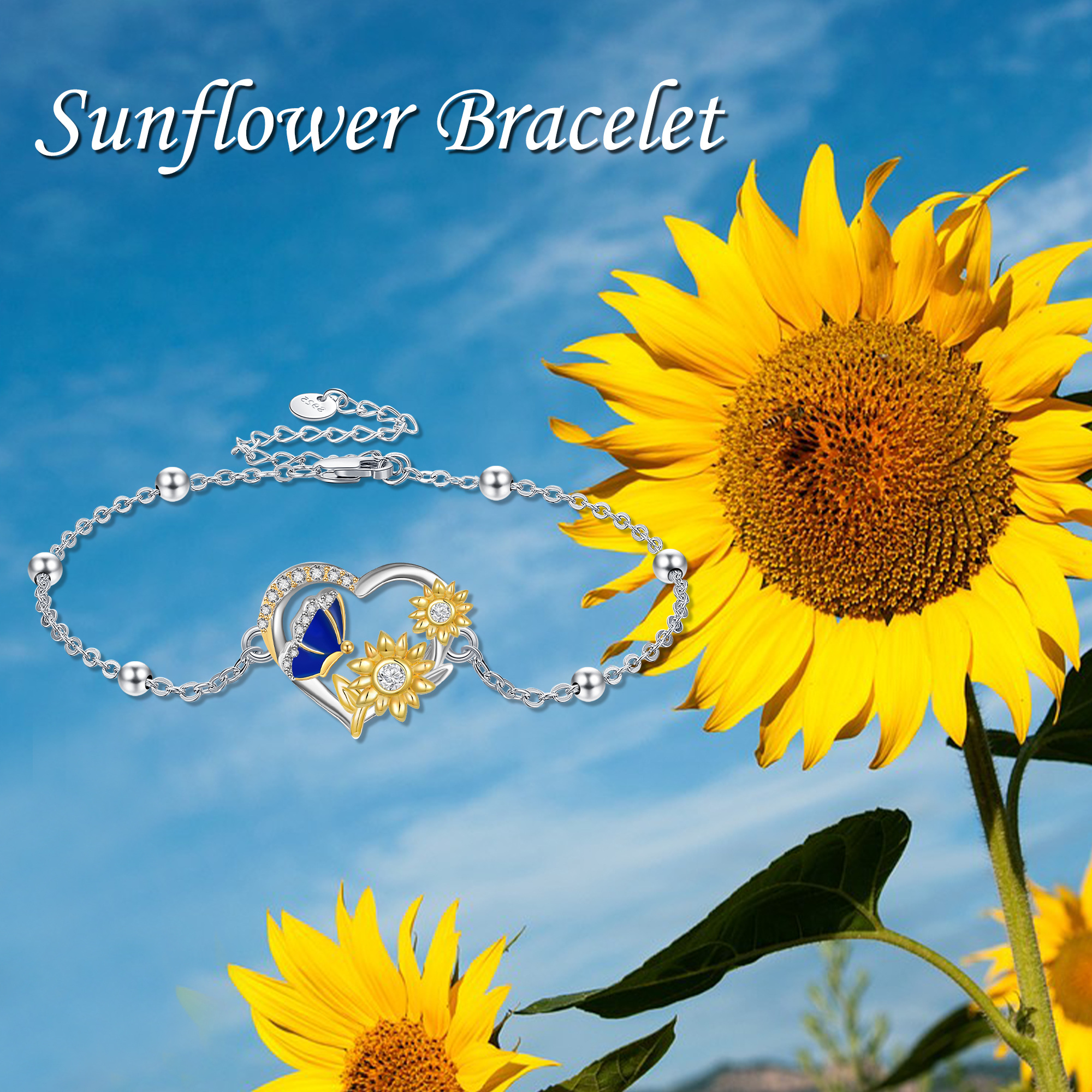 Sunflower Bracelet Silver Butterfly Heart Pendant