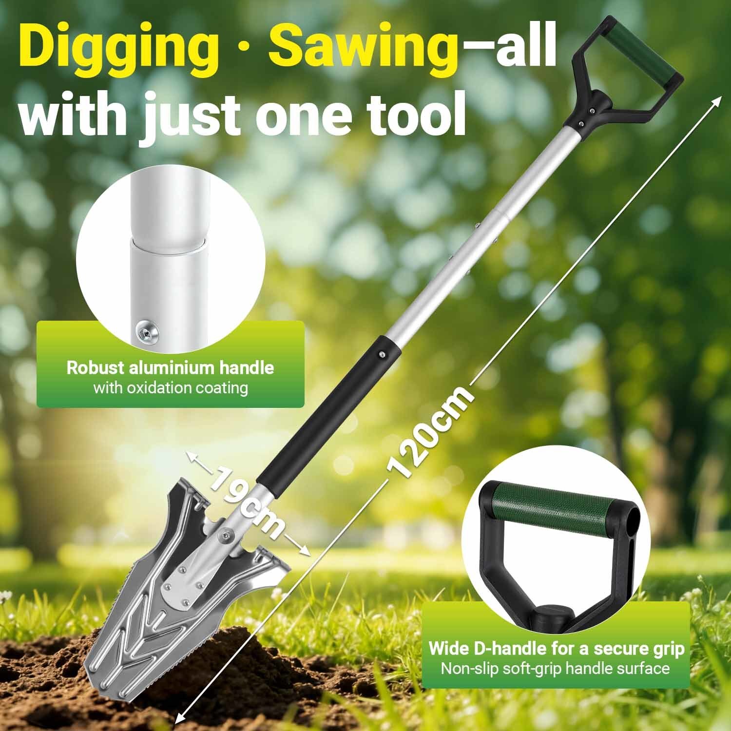 Folding Spade, Black And Green, Foldable Garden Spade For Gardening, Camping, And Outdoor Use, Space- And Portable