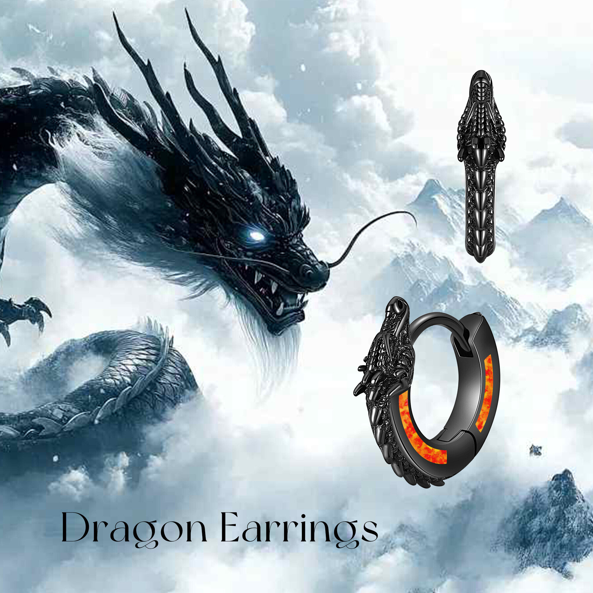 Image of 925 Sterling Silver Large Dragon Hoop Earrings With Synthetic Fire Opal, Sparkling Themed Earrings, Perfect For Stylish Parties And Festival Gifts, 16mm Diameter, Gun Black Plated