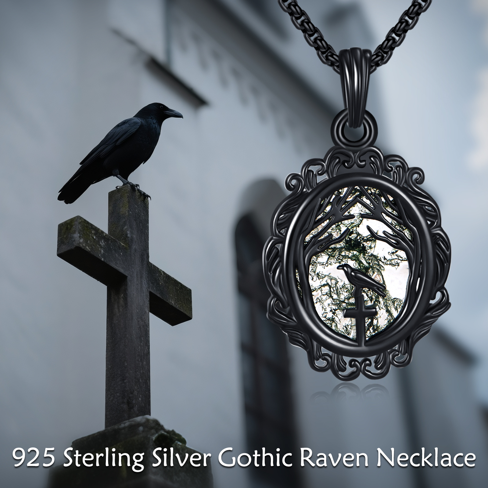 925 Sterling Silver Gothic Raven Necklace with Synthetic Agate, Dark & Mysterious