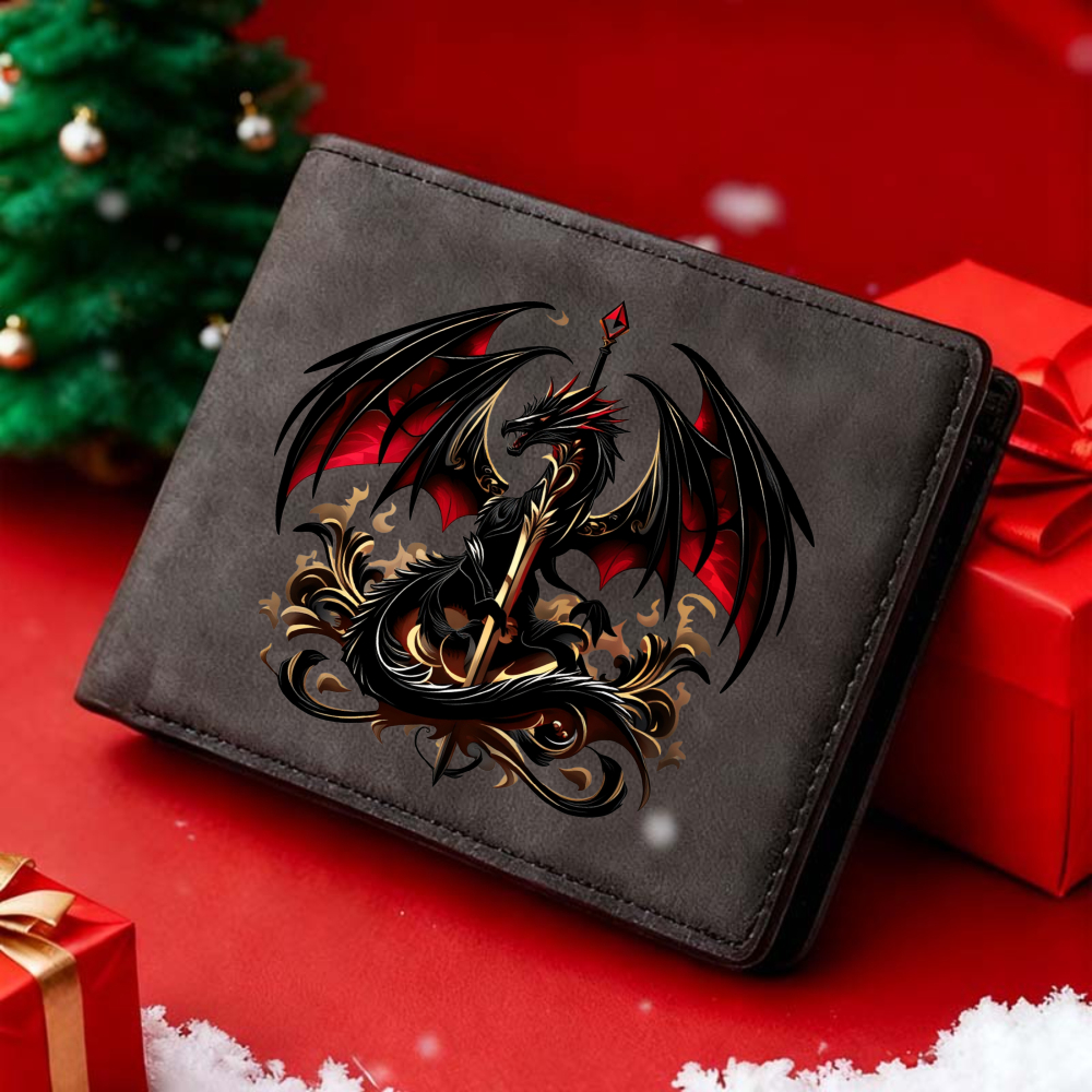 TEMU 1pc Faux Leather Wallet Compact Card Holder For Men Black And Brown Dragon Design With Red Background And Golden Accents Dragon Theme Wallet For